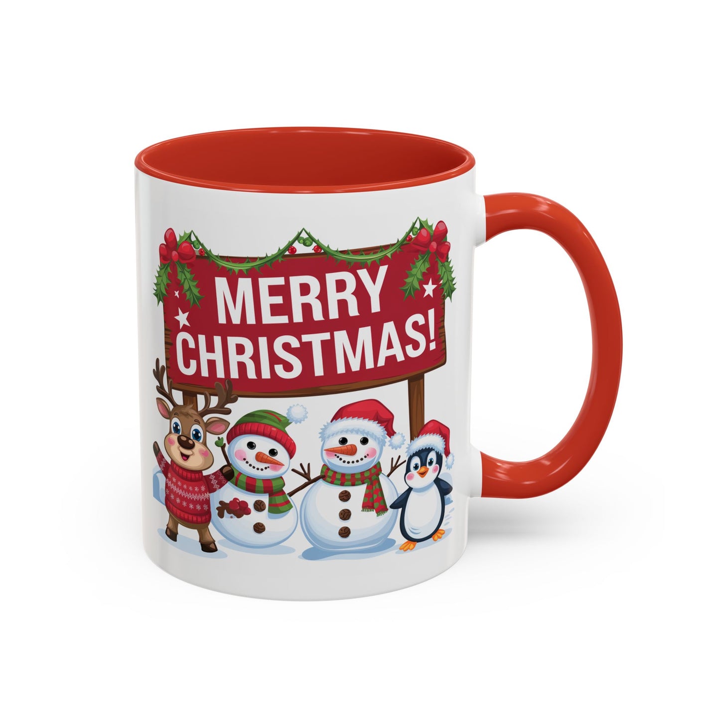 Christmas Mug - Merry Christmas White Text Reindeer Snowmen Penguin
