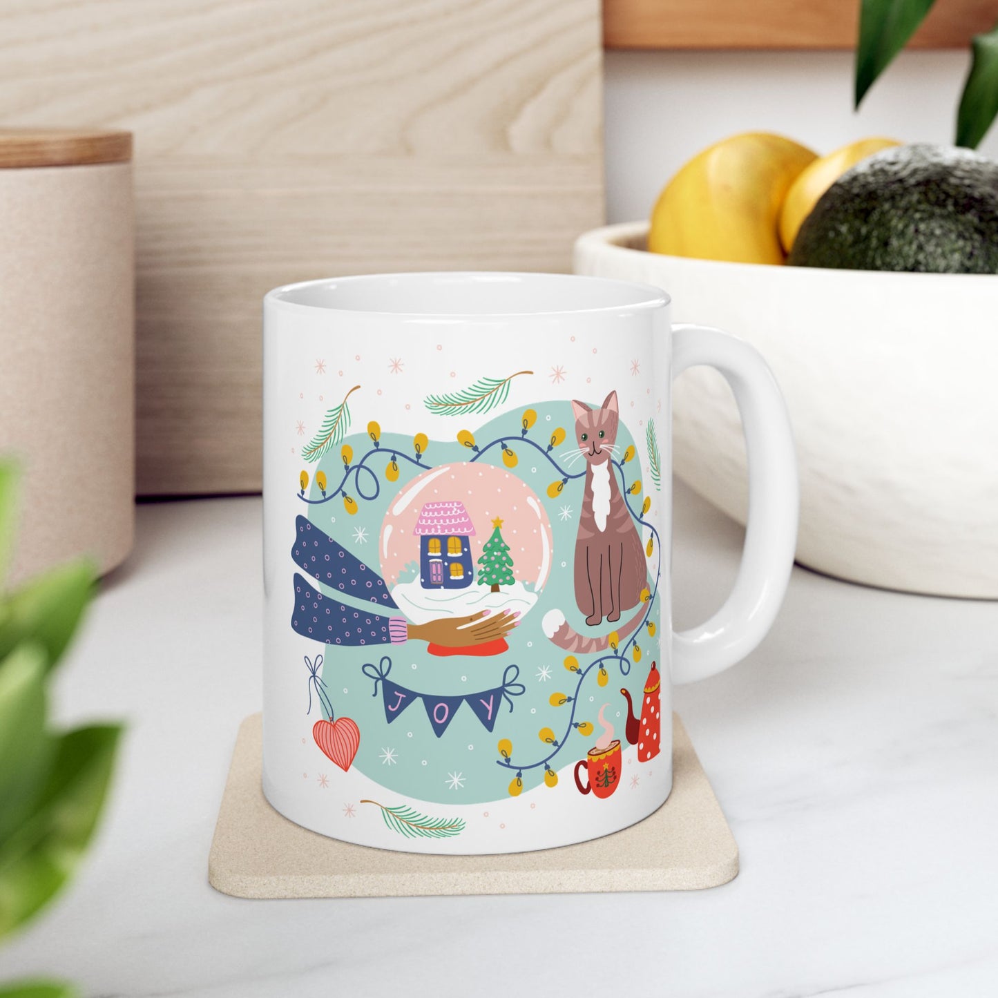 Christmas Mug - Joy Cat Snow Globe Heart Cup Lights