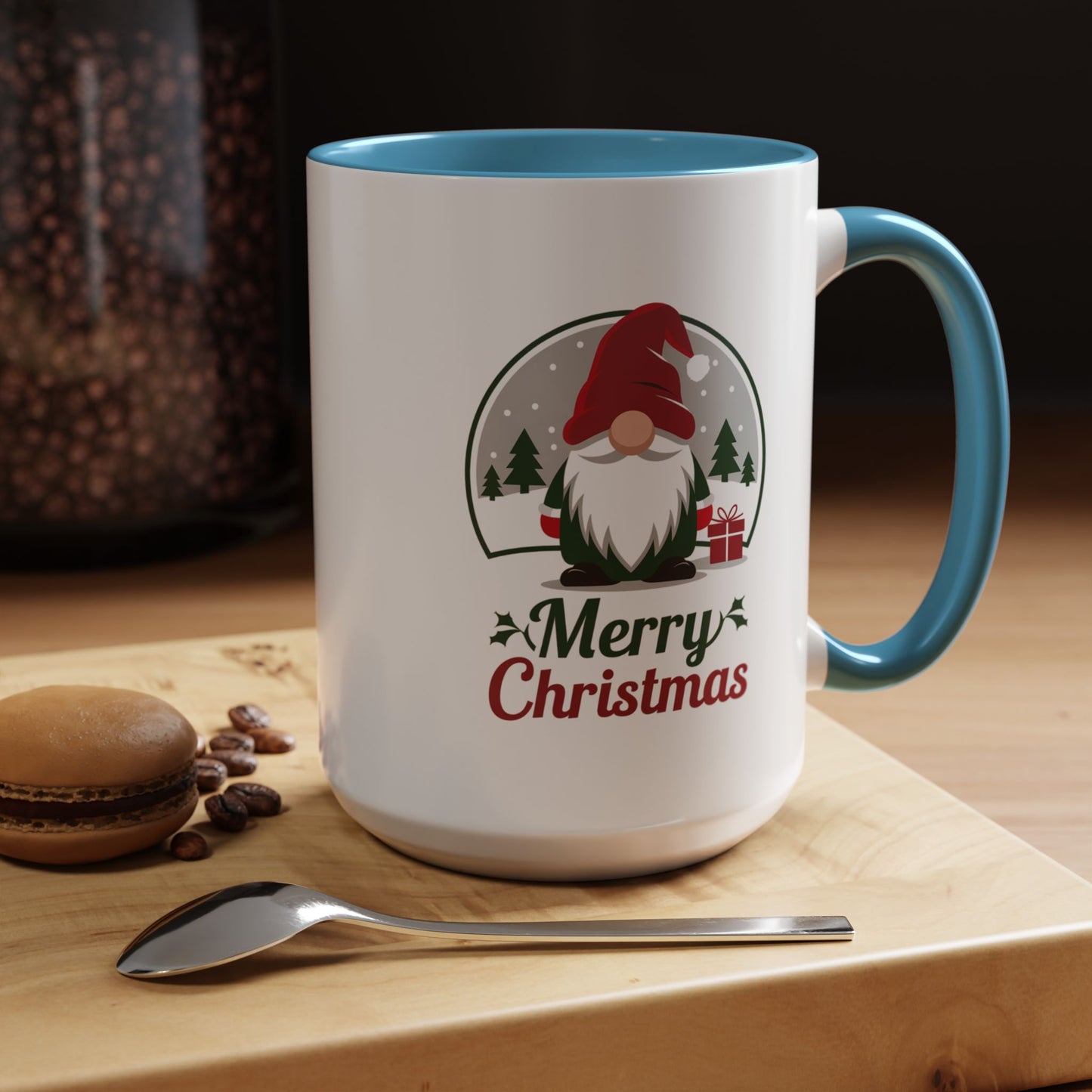 Christmas Mug - Merry Christmas Green & Red Text Gnome Present Trees