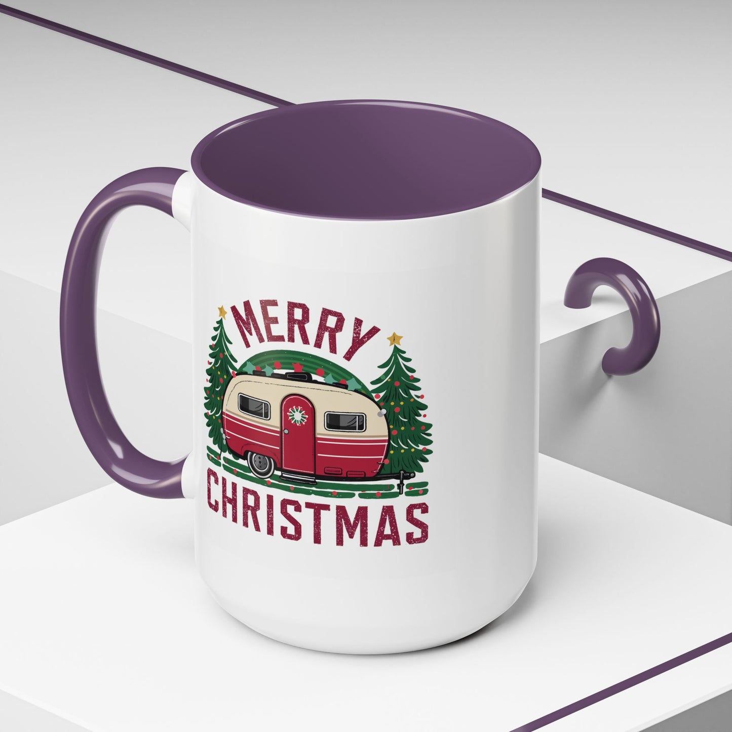 Christmas Mug - Merry Christmas Maroon Text Camper Trees