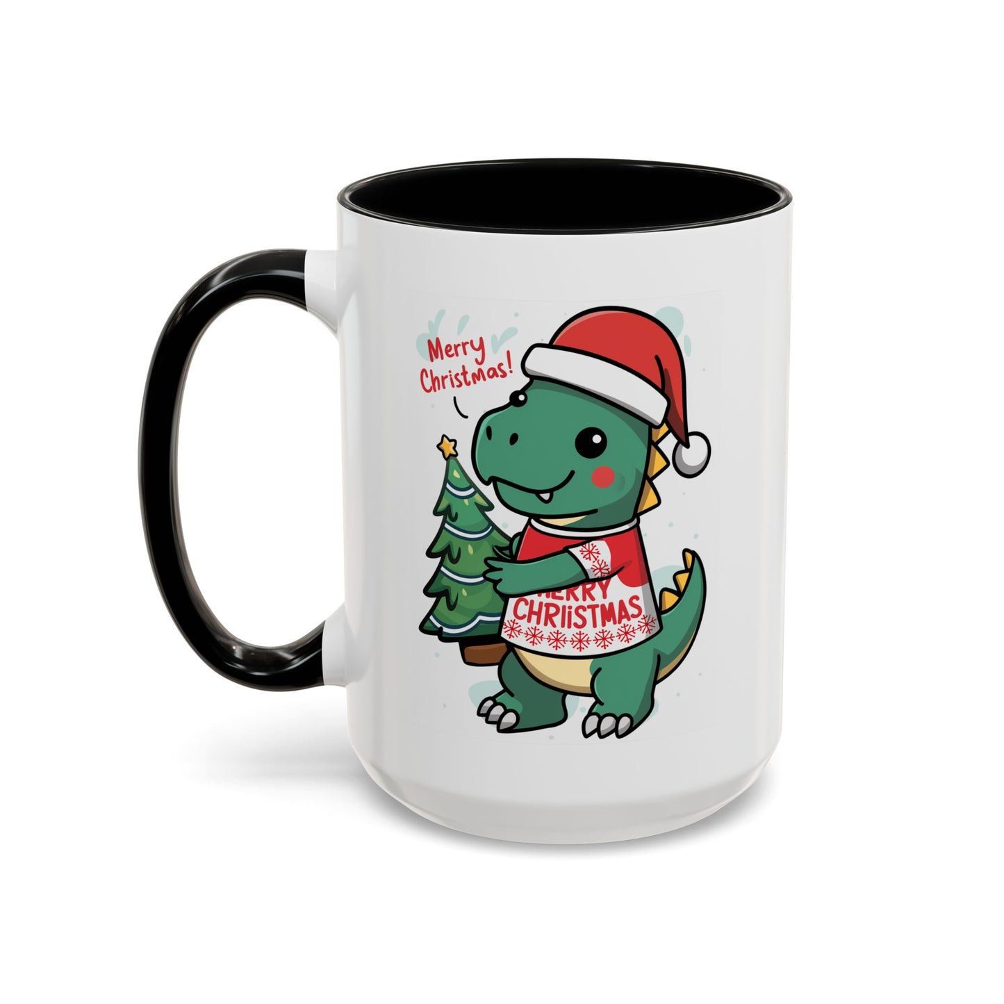 Christmas Mug - Merry Christmas Red Text Dinosaur Tree