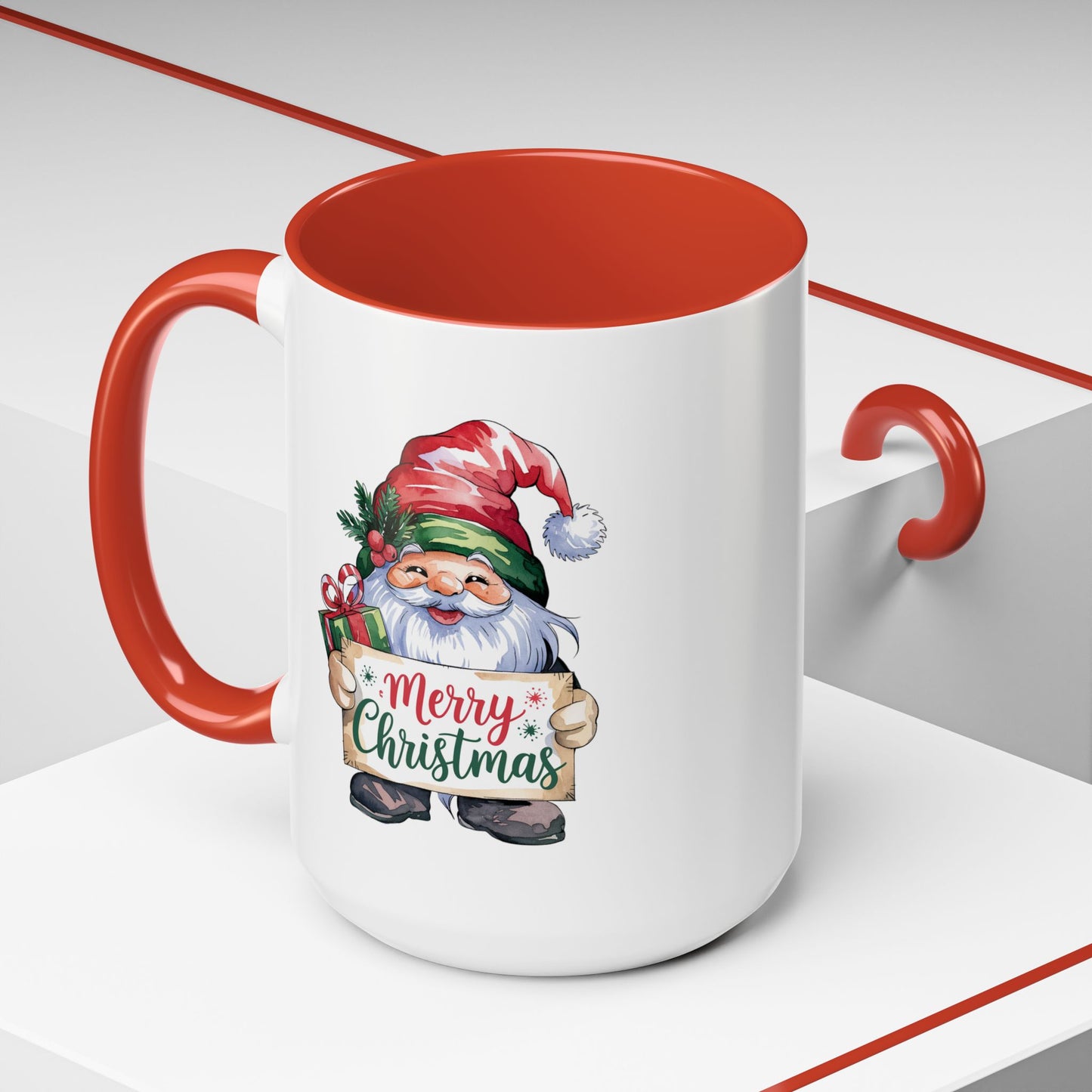 Christmas Mug - Merry Christmas Red & Green Text Gnome Present