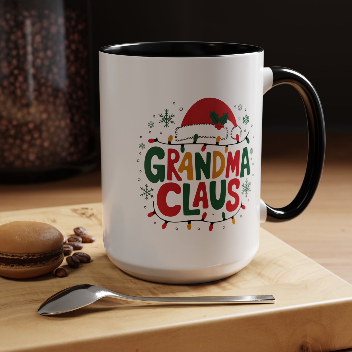 Christmas Mug - Grandma Claus Green Yellow & Red Text Hat Lights Stars