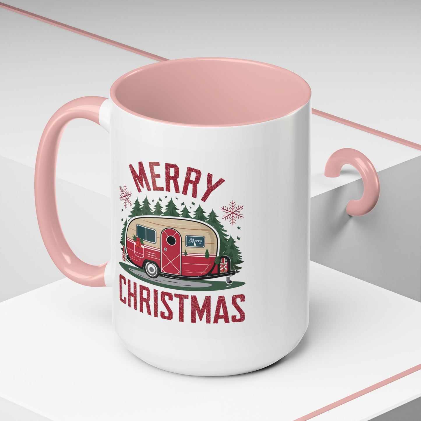 Christmas Mug - Merry Christmas Maroon Text Camper Trees Snowflakes