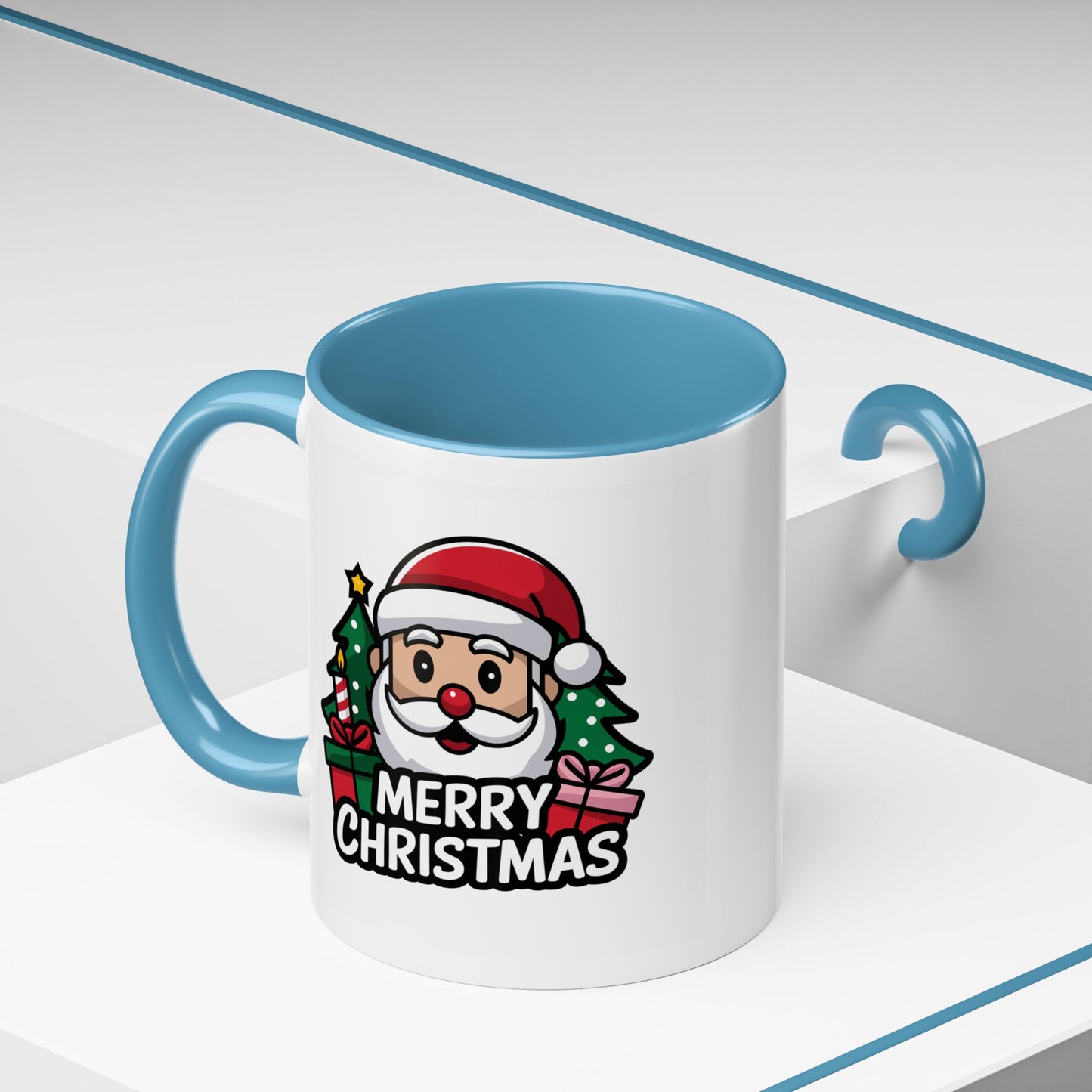 Christmas Mug - Merry Christmas White & Black Text Santa Trees Presents