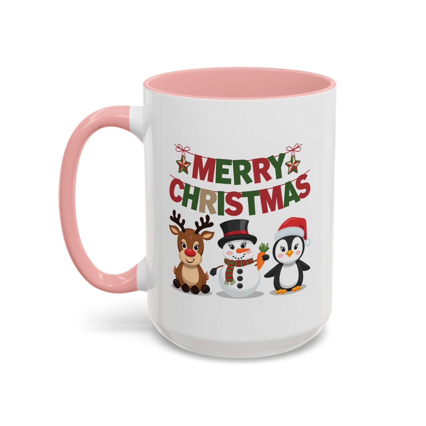 Christmas Mug - Red Green & Gold Text Reindeer Snowman Penguin