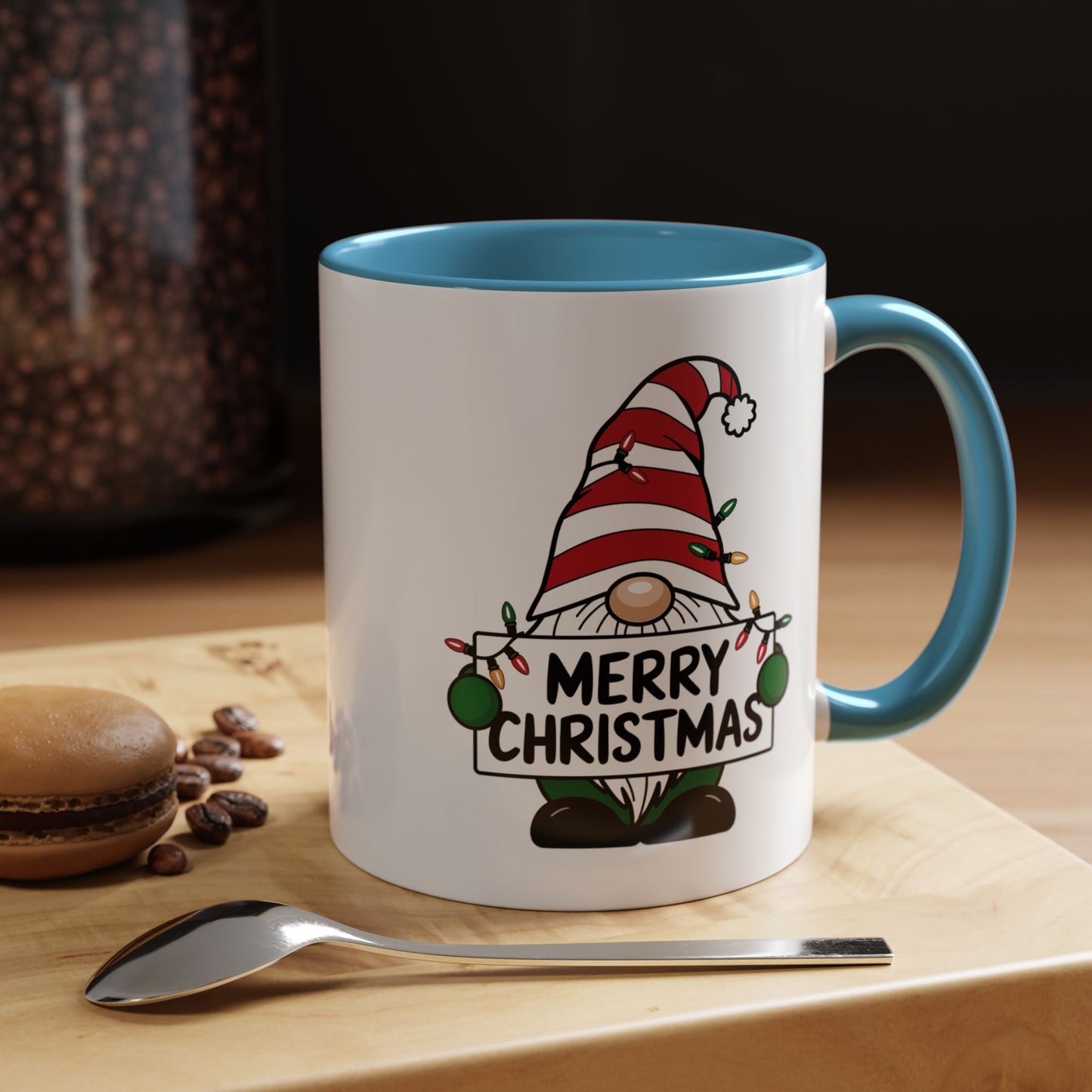 Christmas Mug - Merry Christmas Black Text Gnome Lights