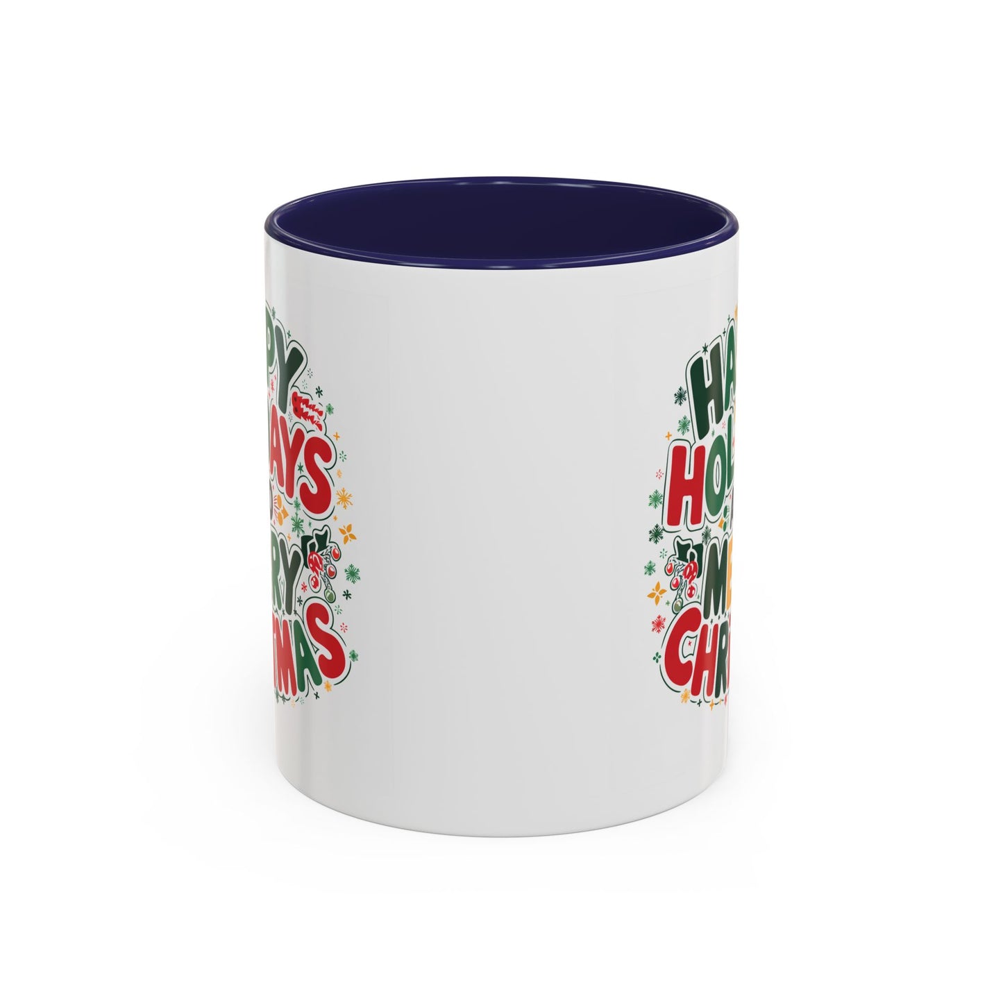 Christmas Mug - Happy Holidays and Merry Christmas Blue Green Yellow Red Text