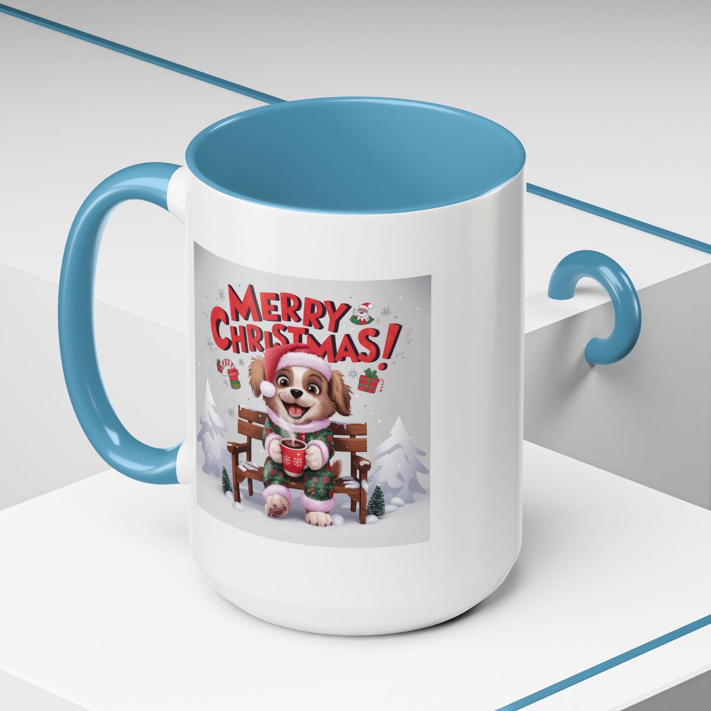 Christmas Mug - Merry Christmas Red Text Puppy Green & Red Top
