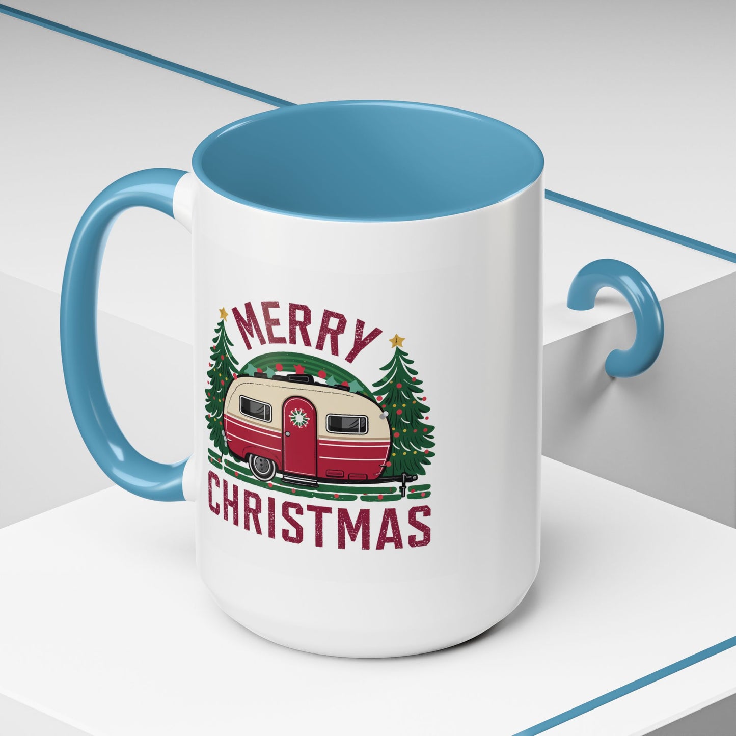 Christmas Mug - Merry Christmas Maroon Text Camper Trees