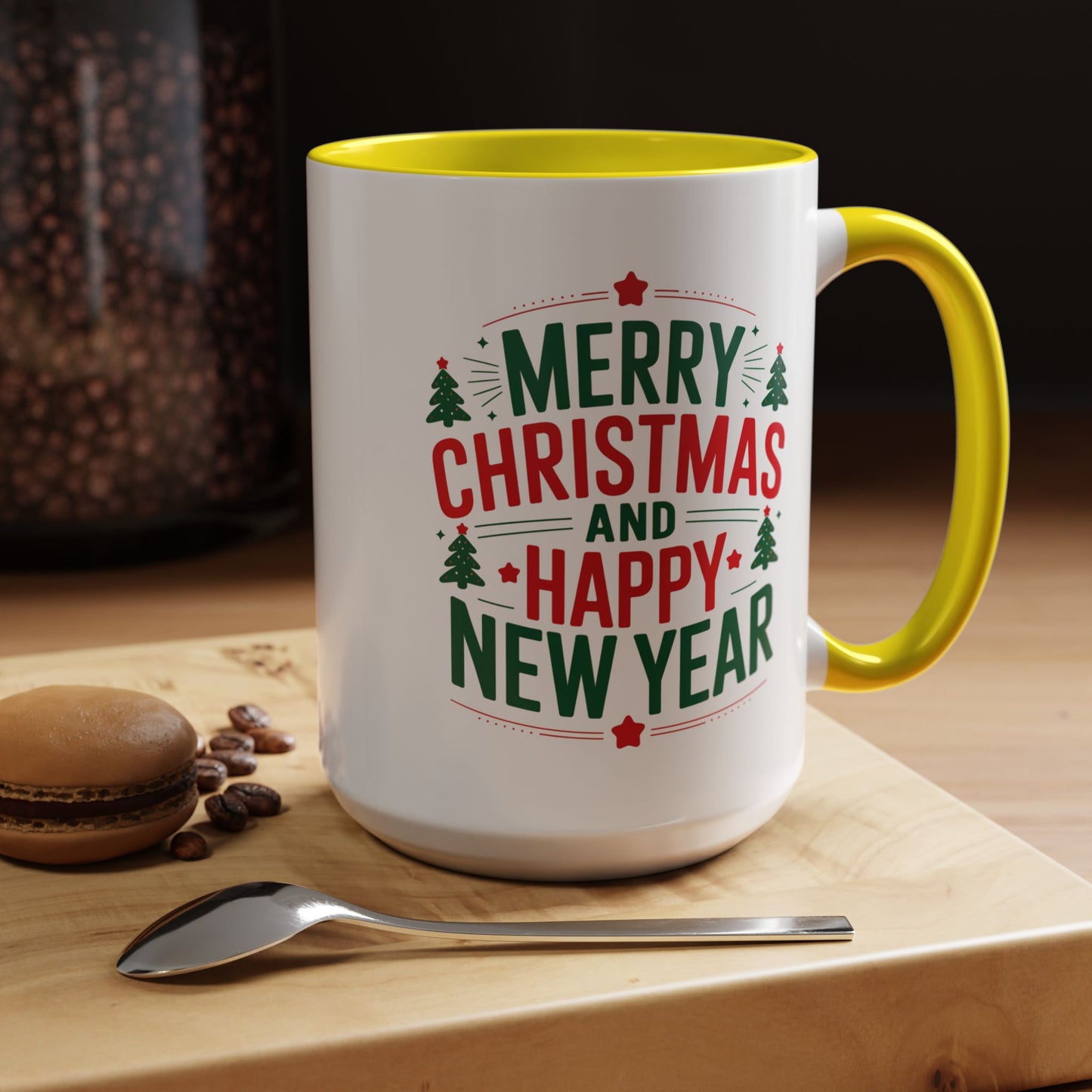 Christmas Mug - Merry Christmas and a Happy New Year Green & Red Text Trees Stars
