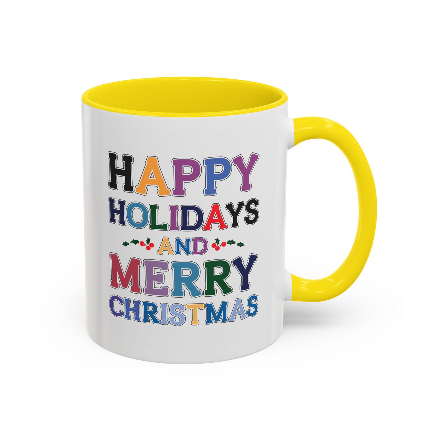 Christmas Mug - Happy Holidays and Merry Christmas Blue Yellow Purple Orange Red Text