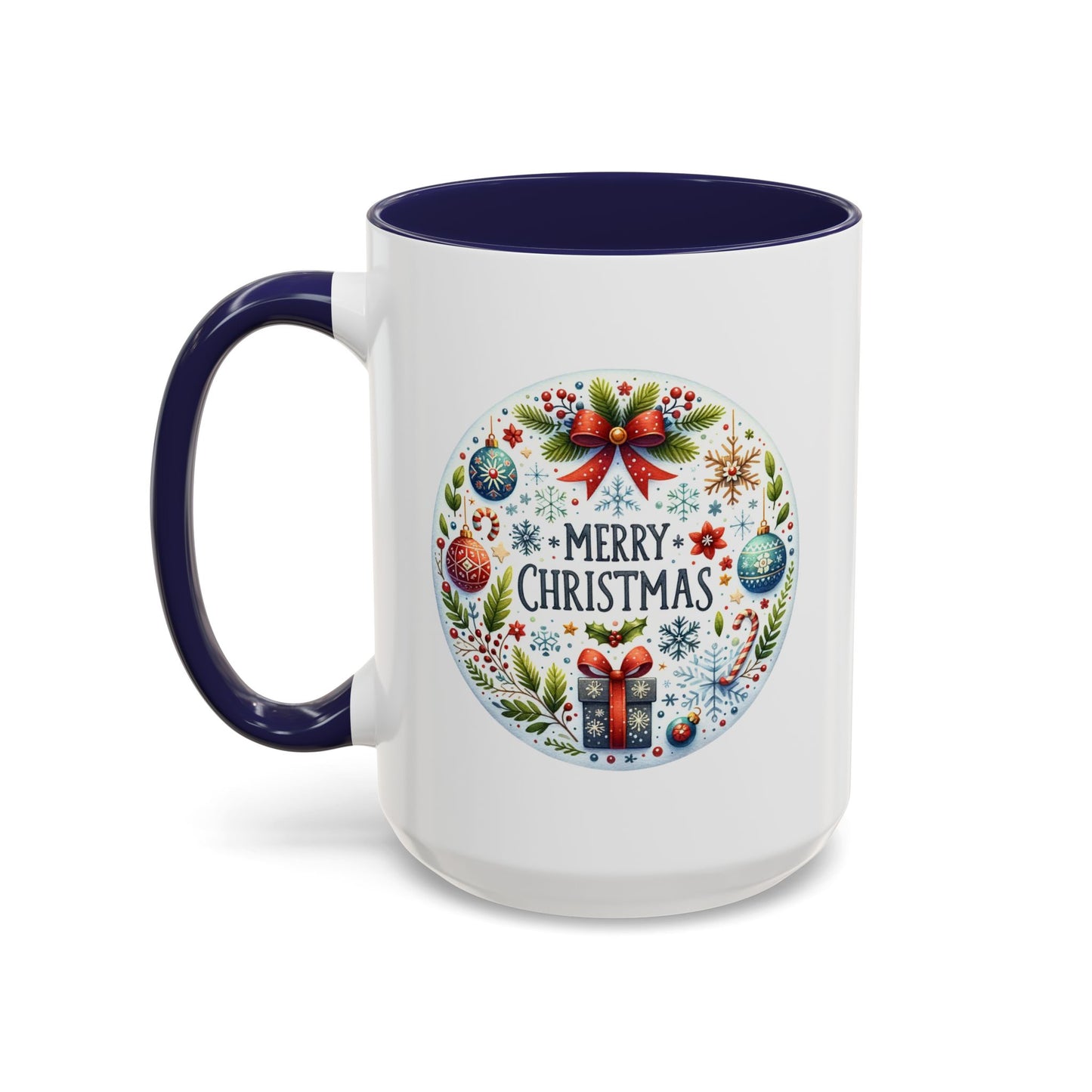 Christmas Mug - Merry Christmas Blue Text Bow Present Ornaments