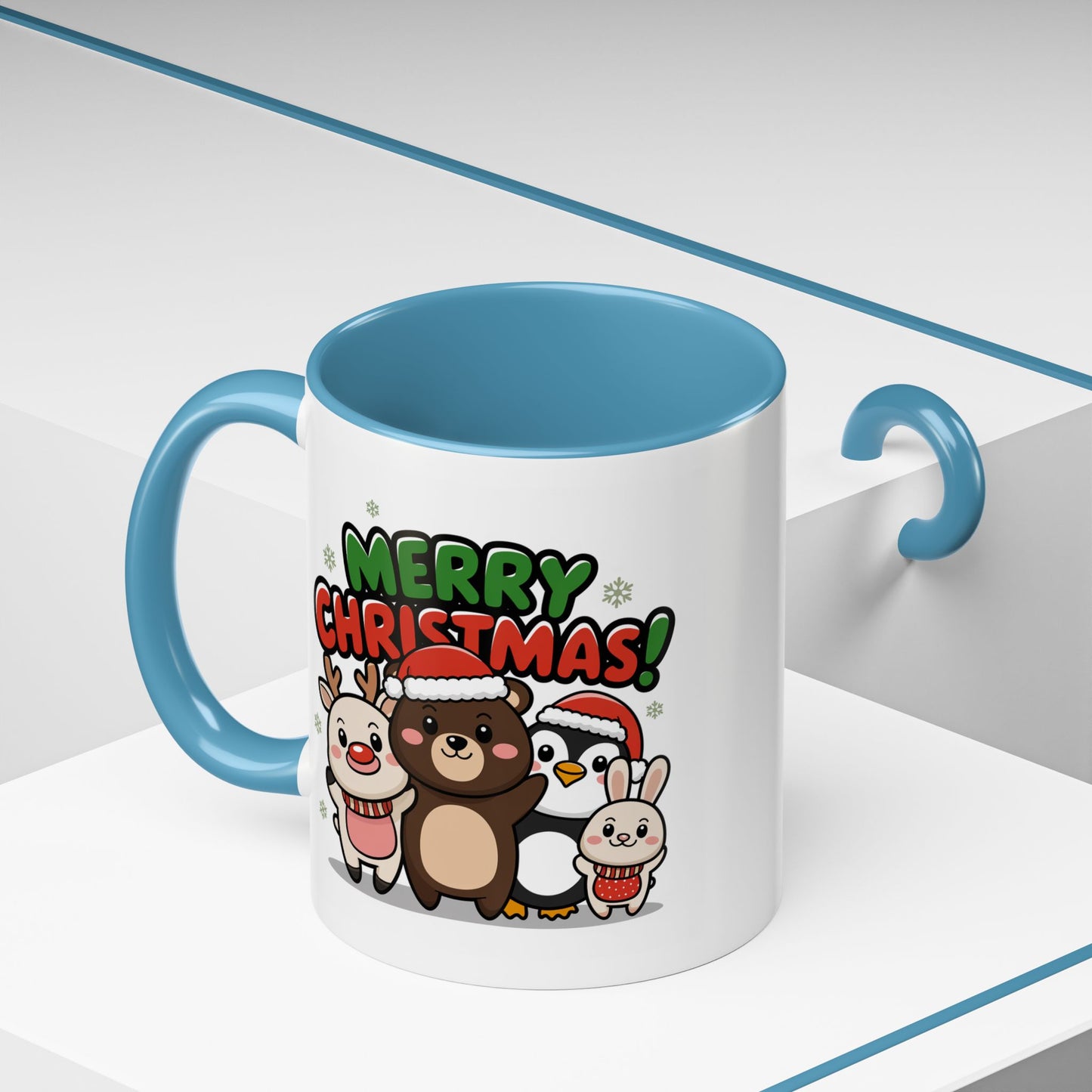 Christmas Mug - Merry Christmas Green & Red Text Cute Animals