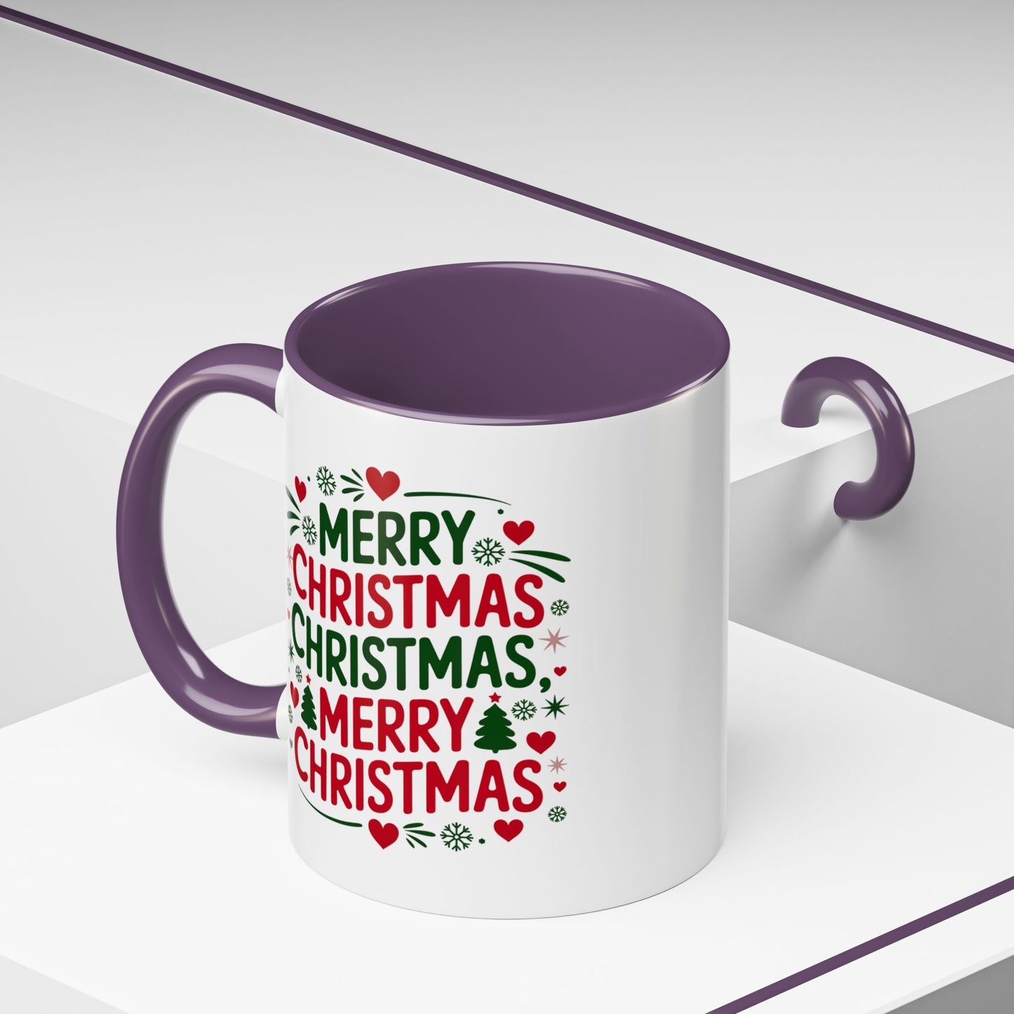 Christmas Mug - Merry Christmas Green & Red Text Trees Hearts Snowflakes Stars