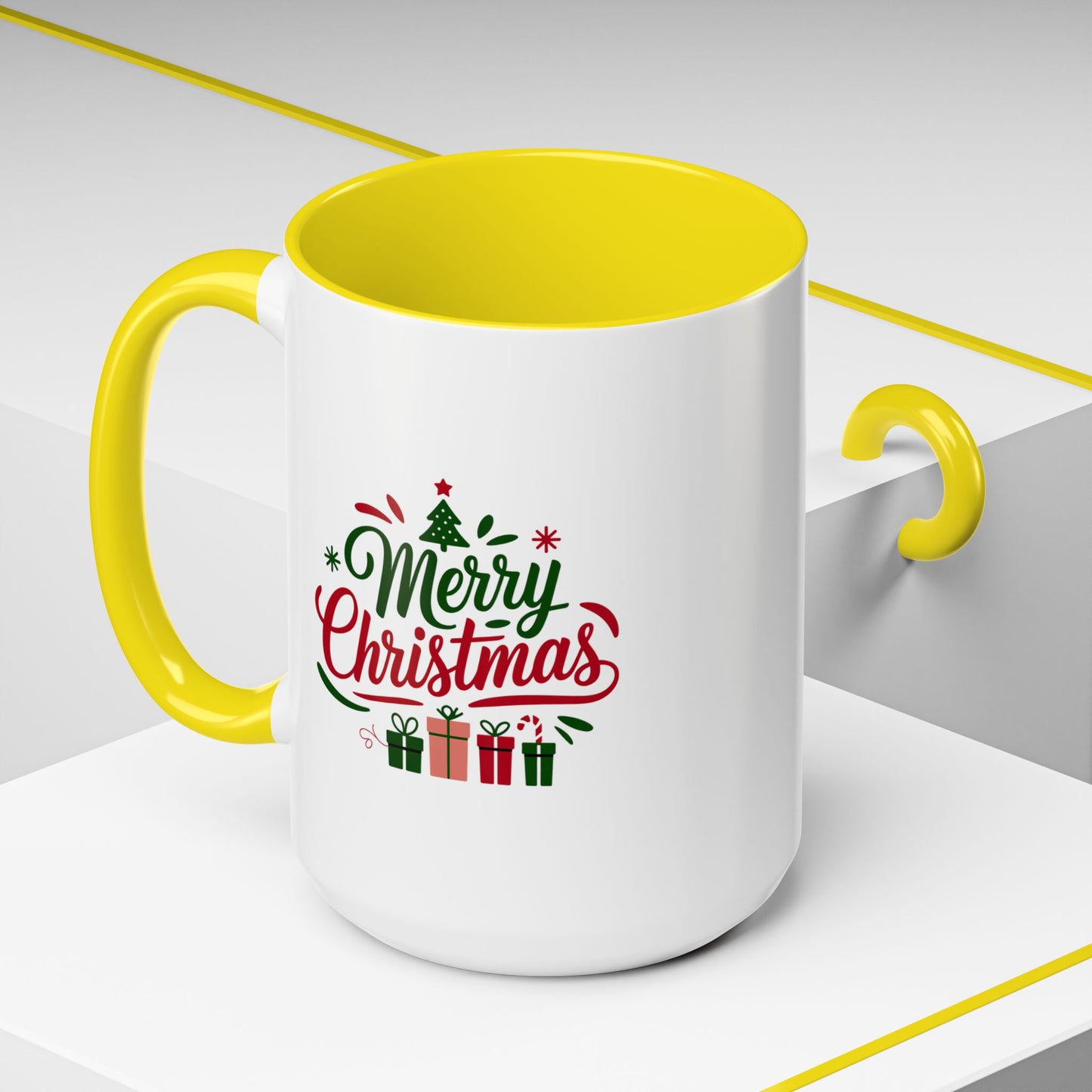 Christmas Mug - Merry Christmas Green & Red Text Tree Snowflakes Presents