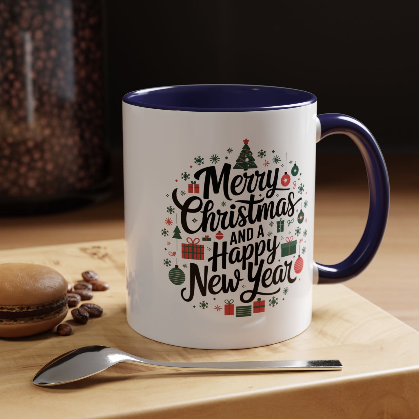 Christmas Mug - Merry Christmas and a Happy New Year Black Text Tree Ornaments Presents
