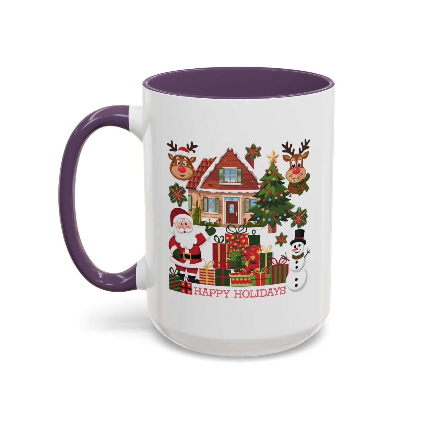 Christmas Mug - Happy Holidays Red Text Reindeer Santa Snowman Presents