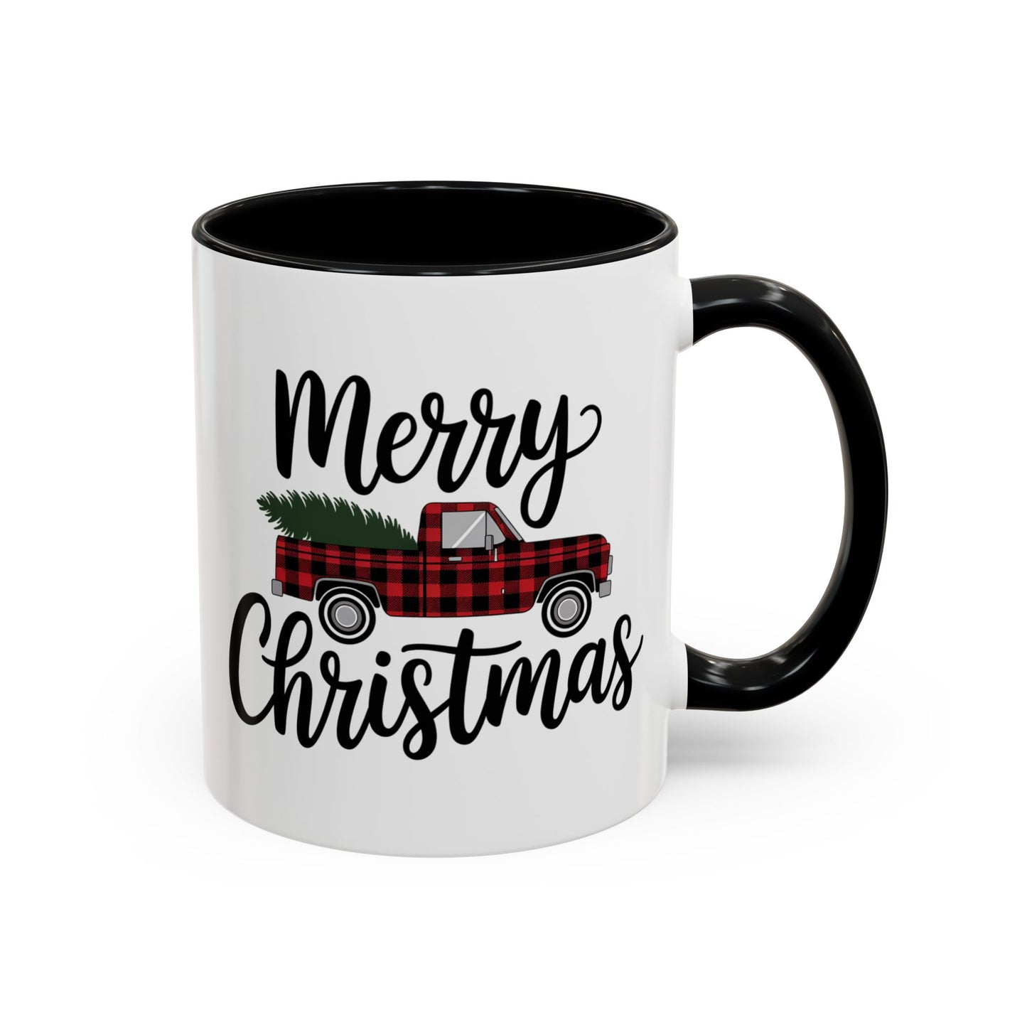 Christmas Mug - Merry Christmas Black Text Tartan Truck