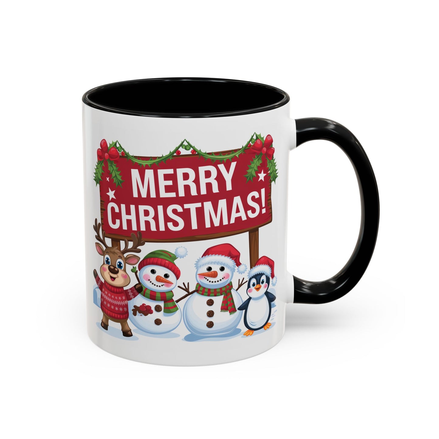 Christmas Mug - Merry Christmas White Text Reindeer Snowmen Penguin