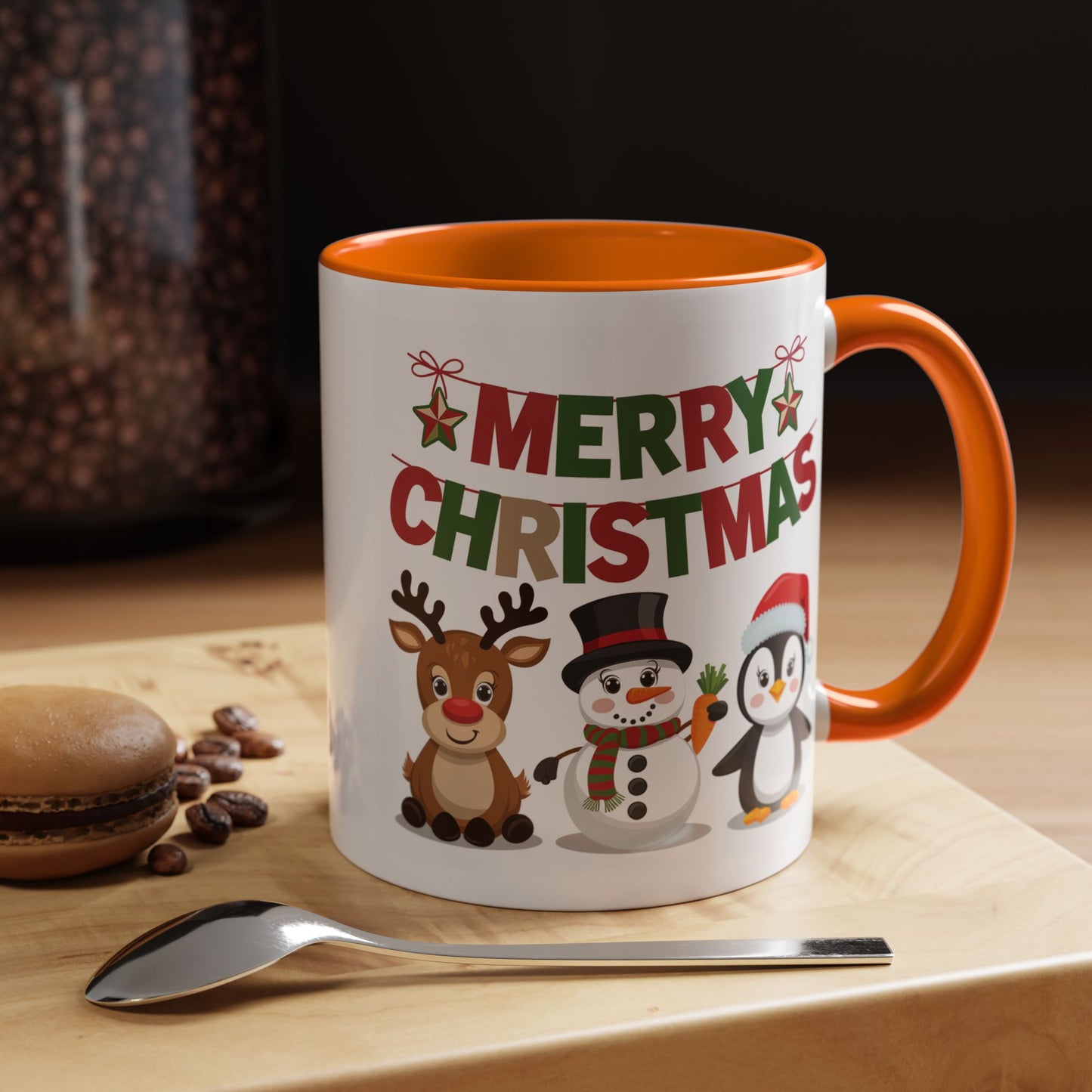 Christmas Mug - Red Green & Gold Text Reindeer Snowman Penguin