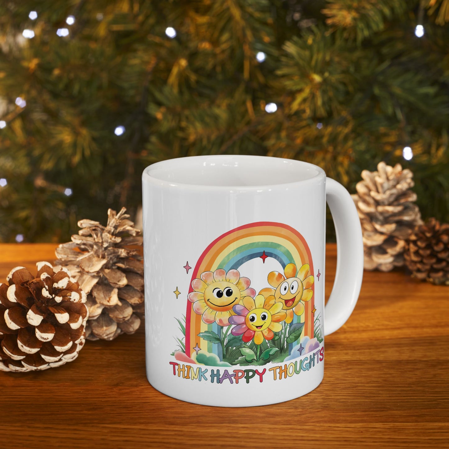 Wellness Mug - Think Happy Thoughts Rainbow Flowers