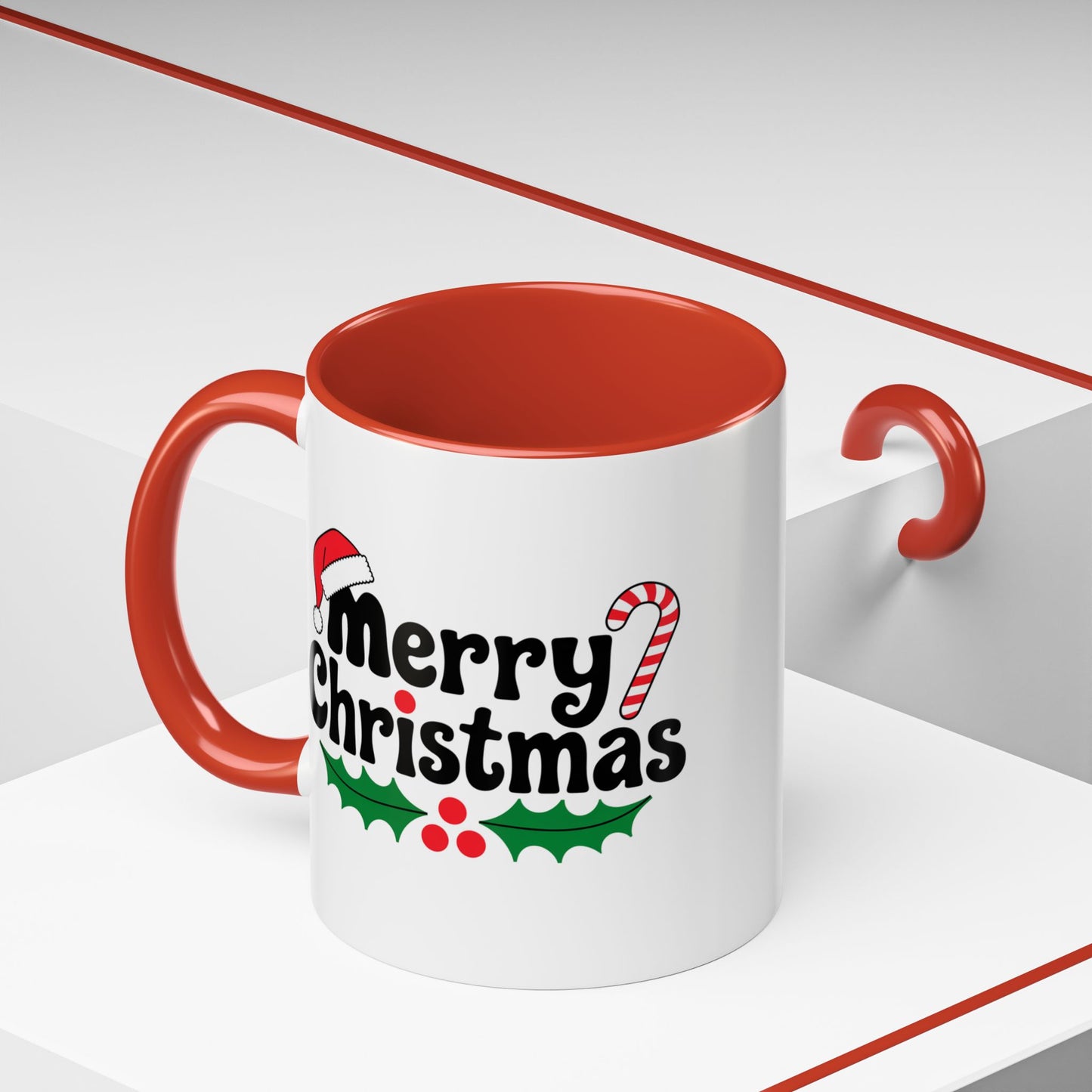 Christmas Mug - Merry Christmas Black Text Hat Candy Cane Mistletoe