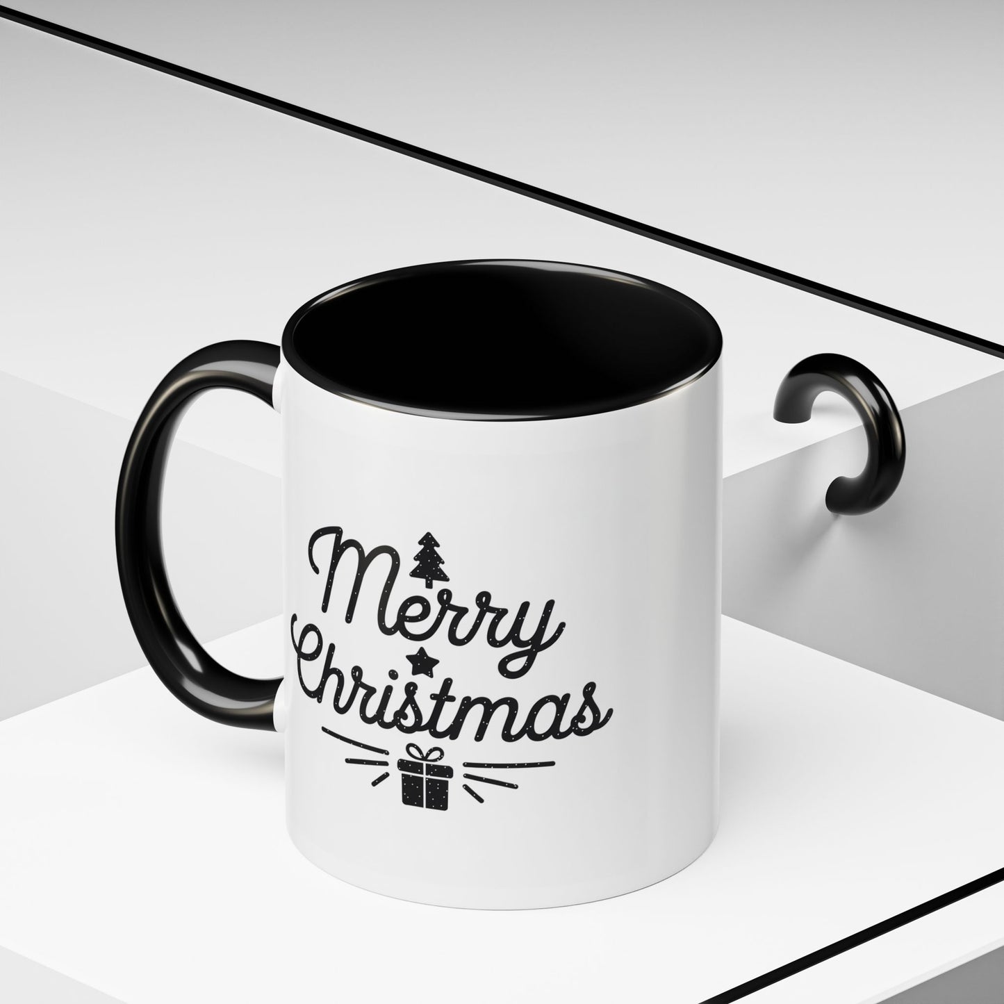 Christmas Mug - Merry Christmas Black Text Tree Star Present
