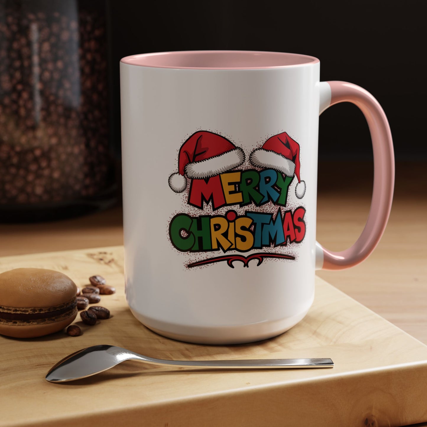 Christmas Mug - Merry Christmas Red Yellow & Blue Text Red Hats
