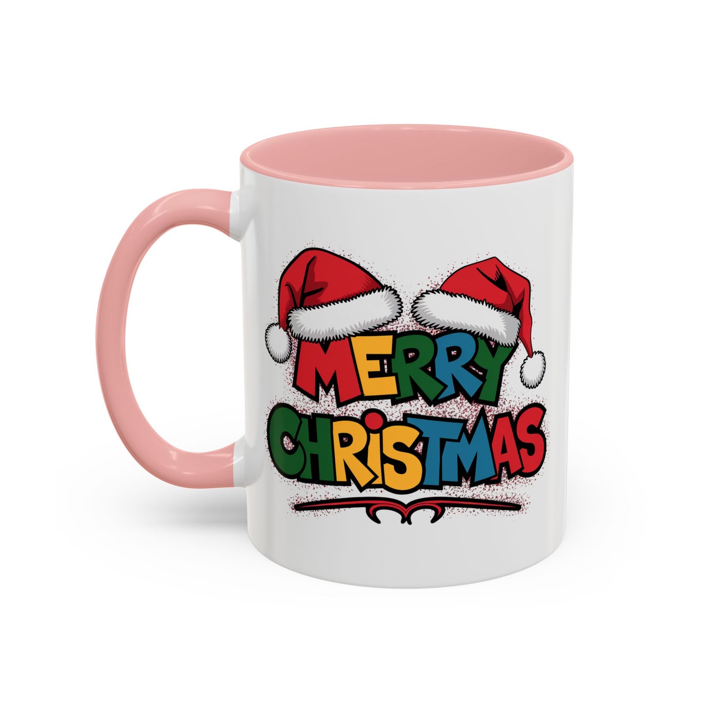 Christmas Mug - Merry Christmas Red Yellow & Blue Text Red Hats