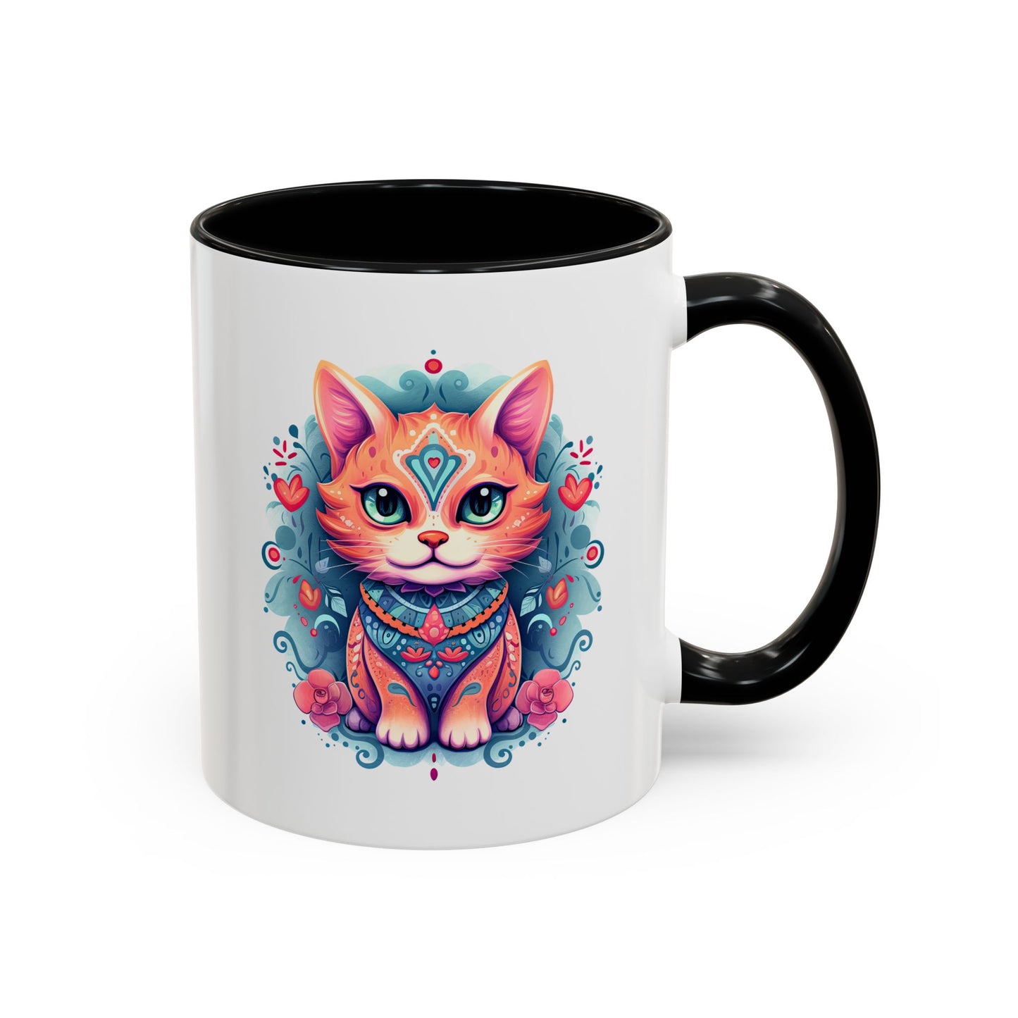 Animal  - Mystic Cat Turquoise & Coral Flowers