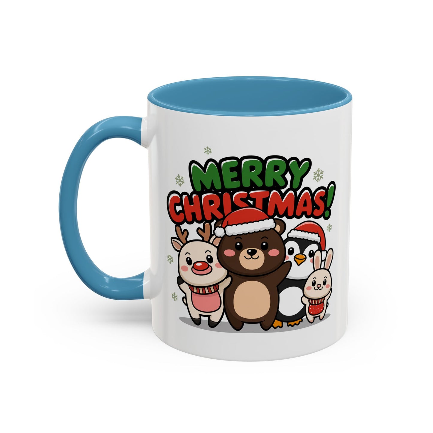 Christmas Mug - Merry Christmas Green & Red Text Cute Animals