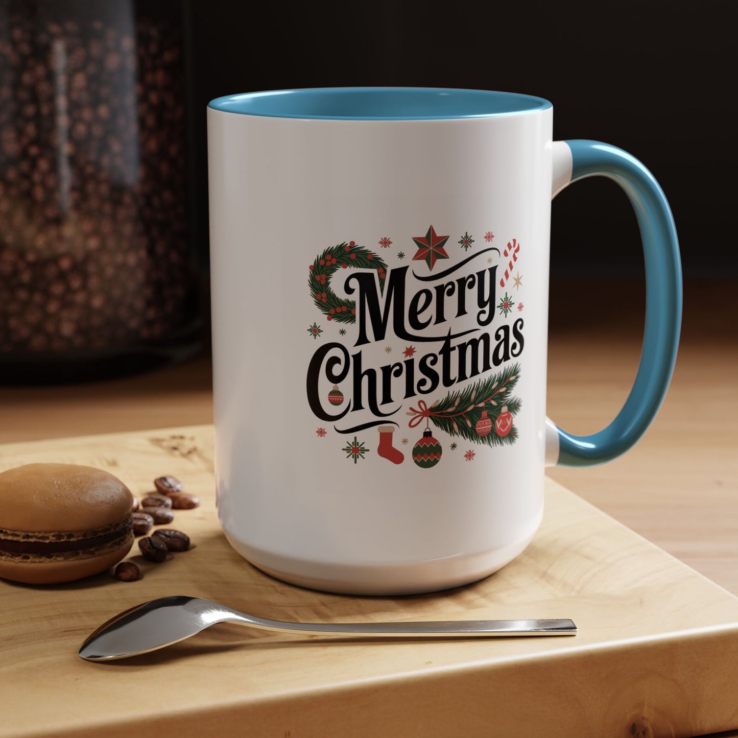 Christmas Mug - Merry Christmas Black Text Star Stocking Ornament Candy Cane