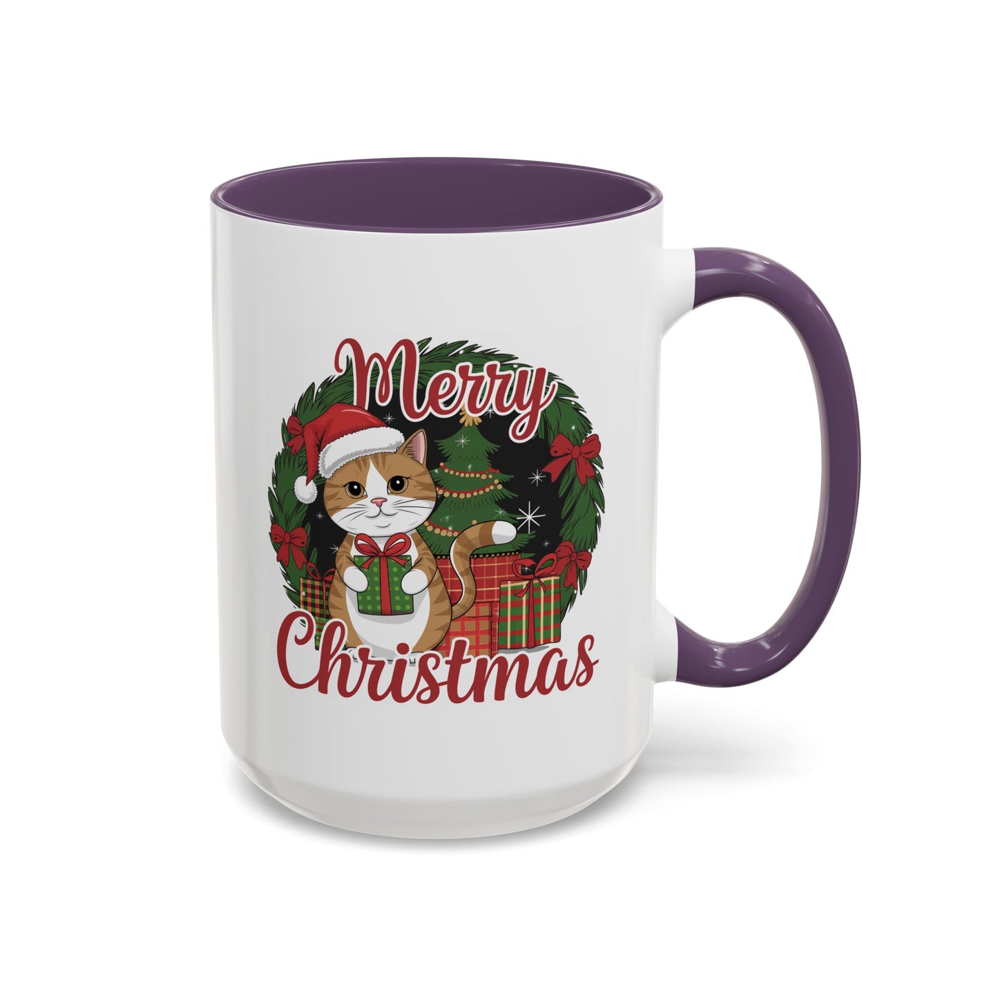 Christmas Mug - Merry Christmas Red Text Cat Presents Wreath