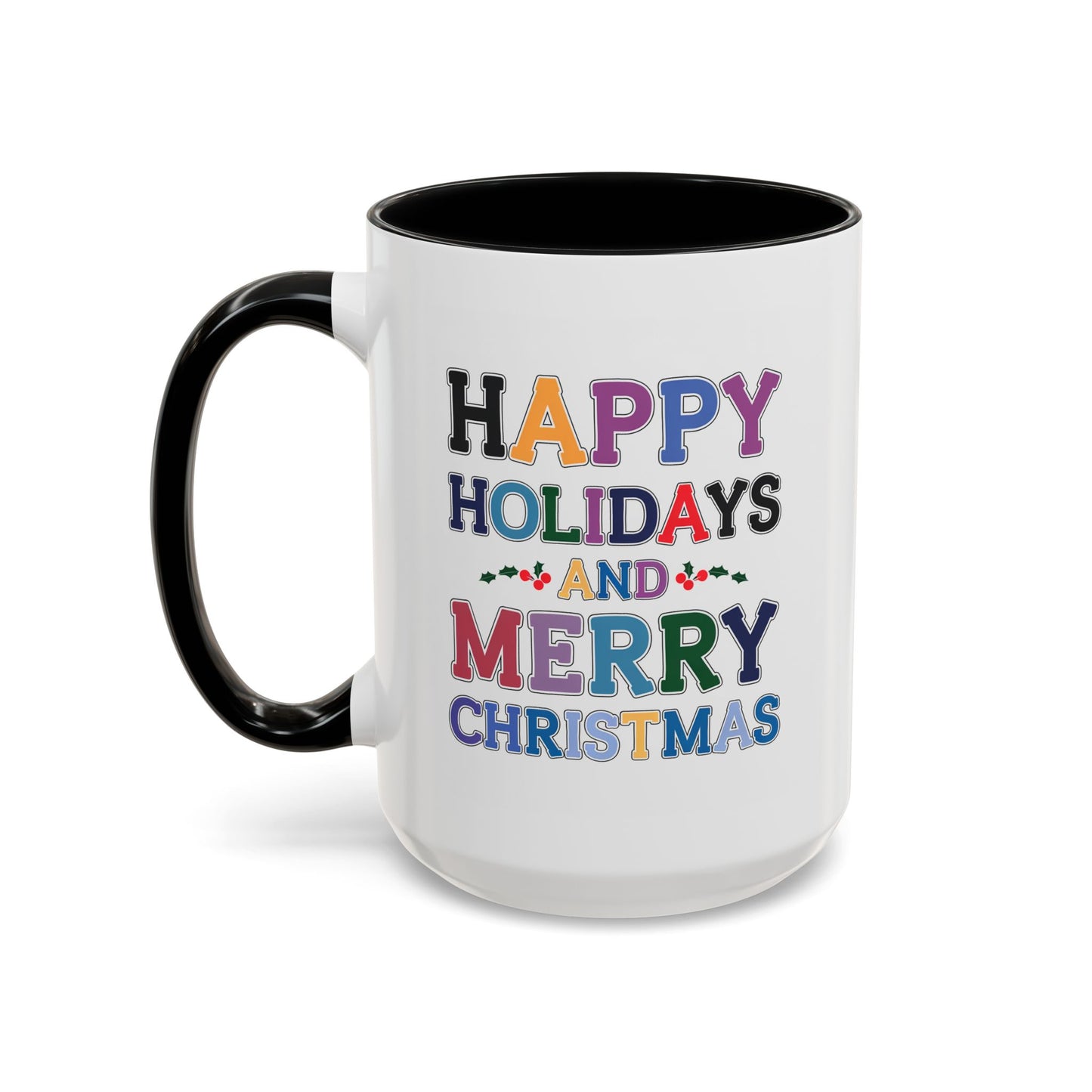 Christmas Mug - Happy Holidays and Merry Christmas Blue Yellow Purple Orange Red Text