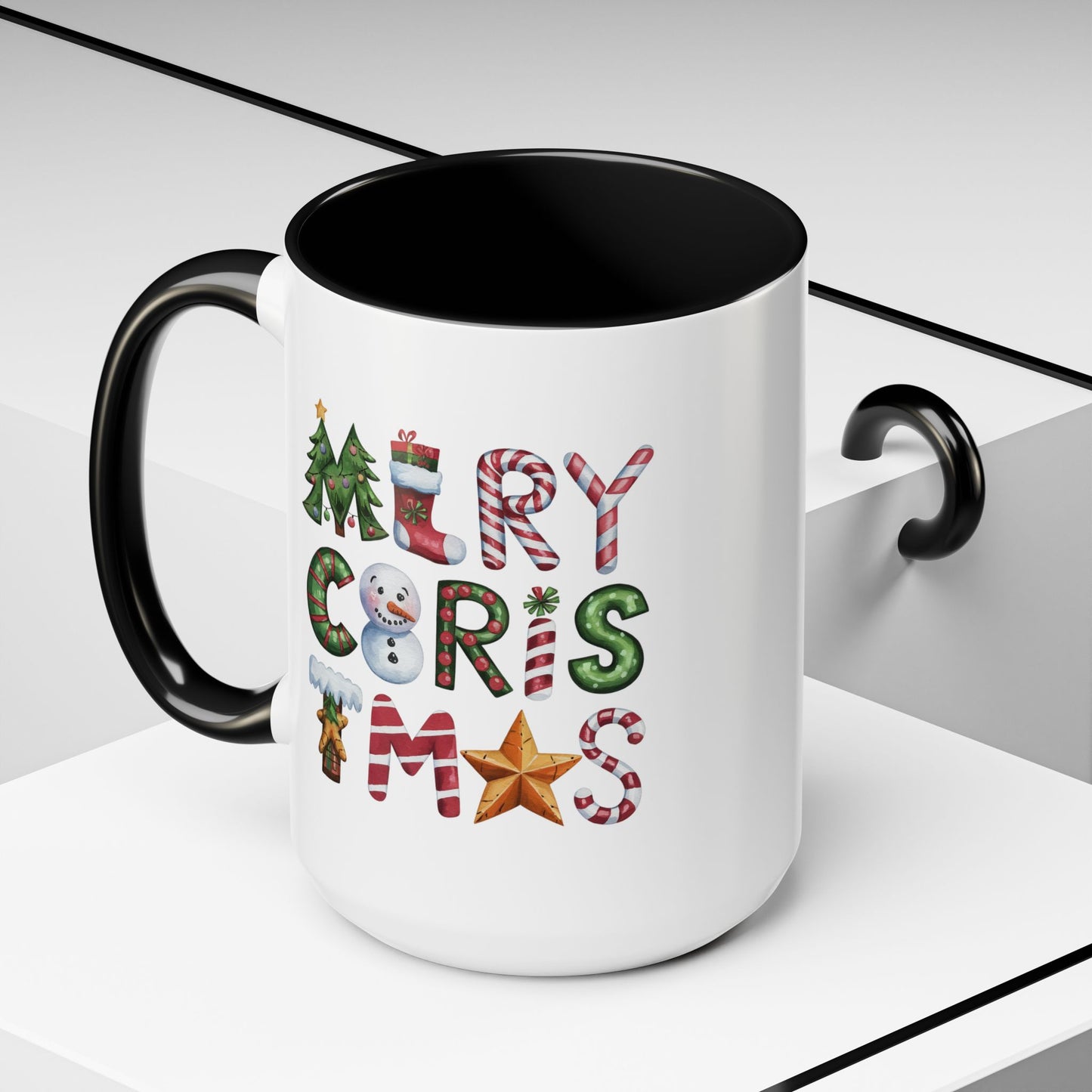 Christmas Mug - Merry Christmas Green Red & Gold Patterned Text