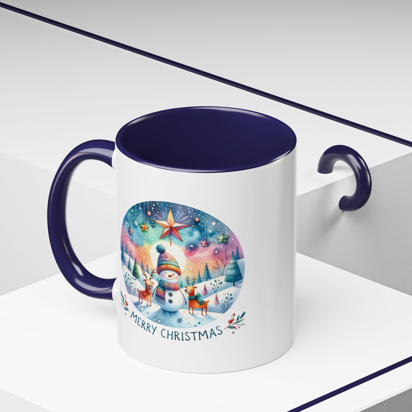 Christmas Mug - Merry Christmas Blue Text Snowman Star Reindeer