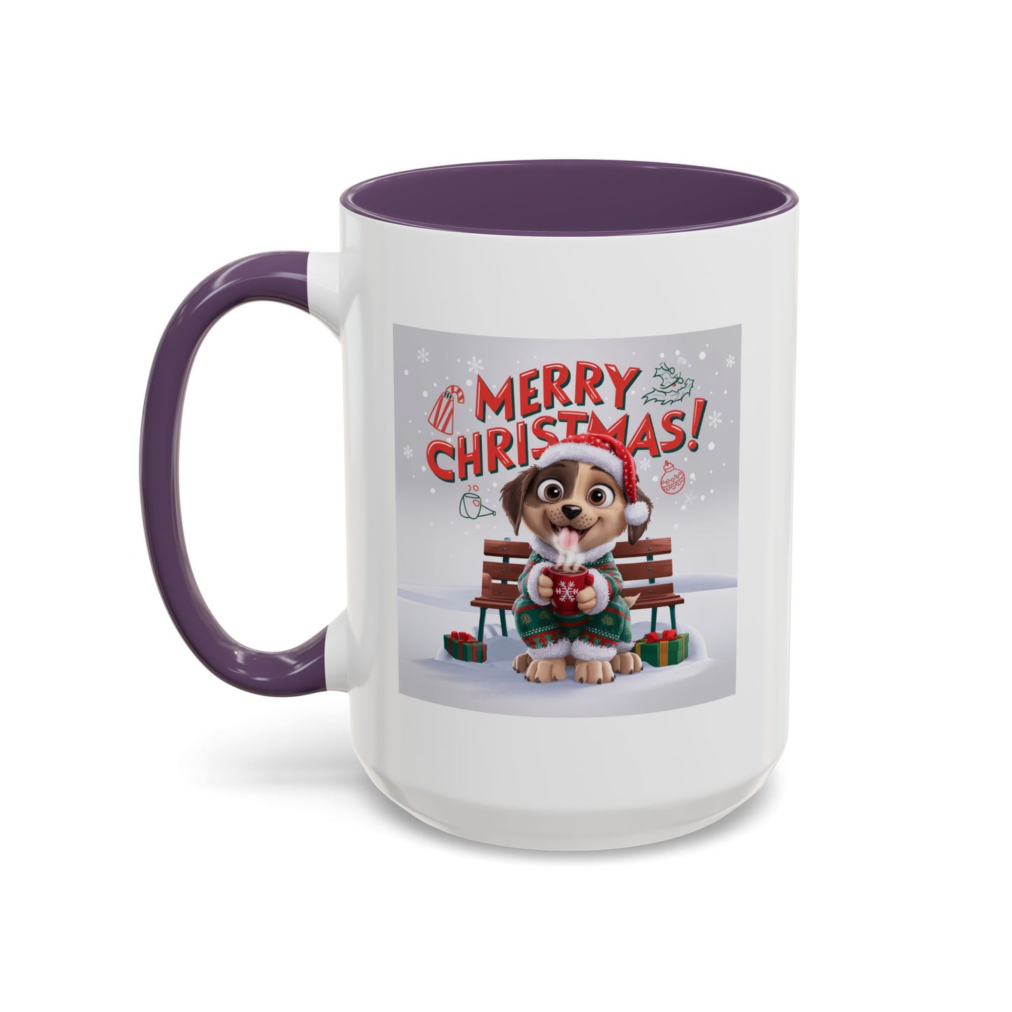 Christmas Mug - Merry Christmas Red Text Puppy Green Top