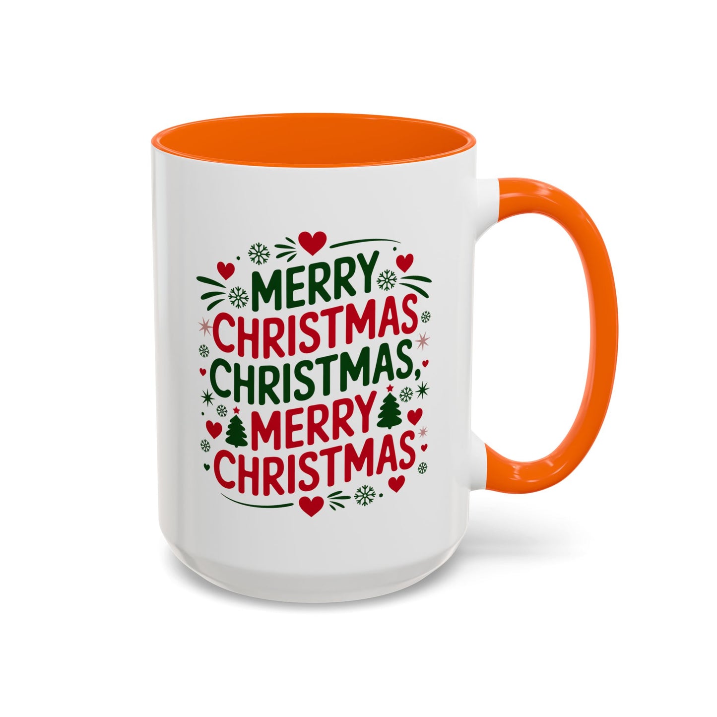 Christmas Mug - Merry Christmas Green & Red Text Trees Hearts Snowflakes Stars