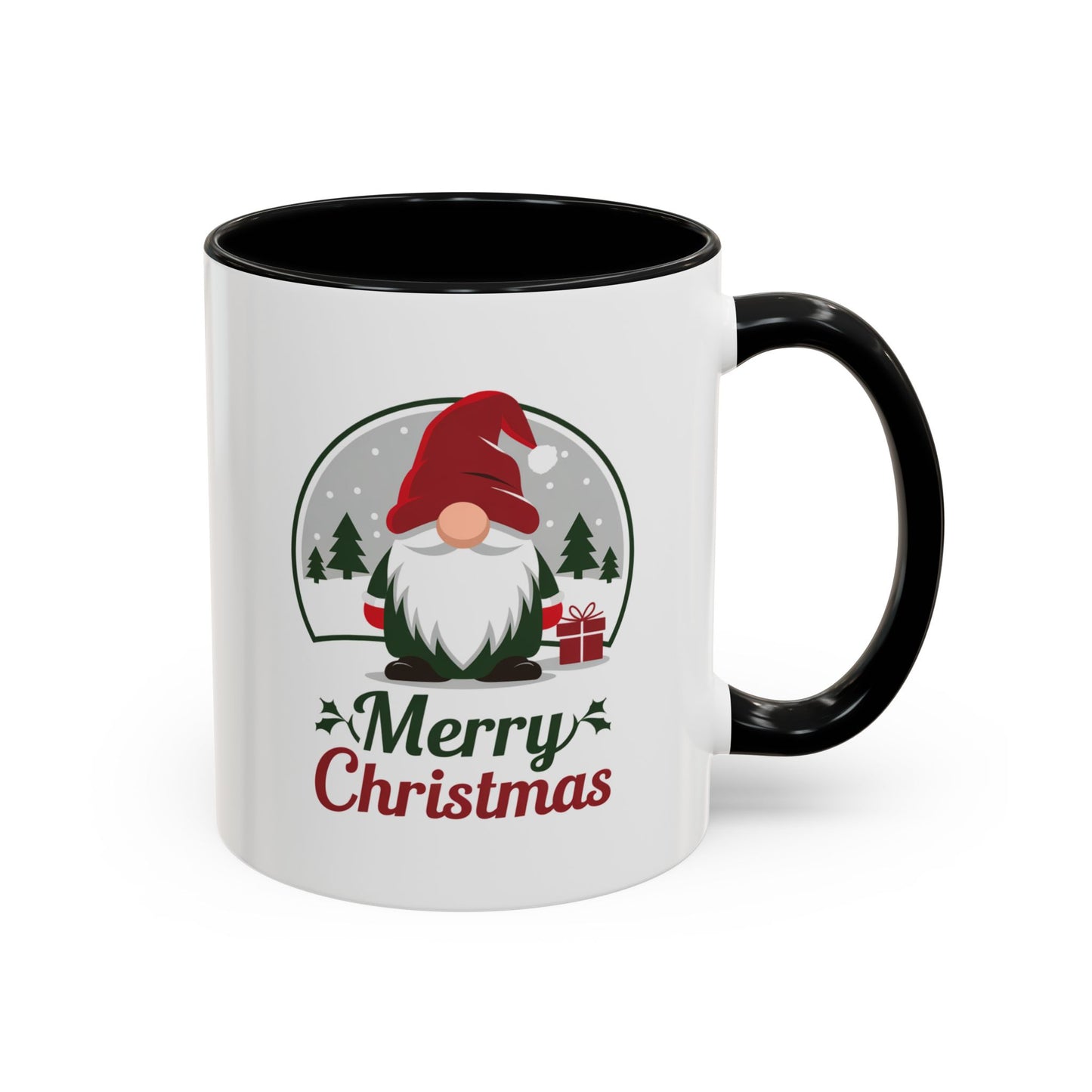 Christmas Mug - Merry Christmas Green & Red Text Gnome Present Trees