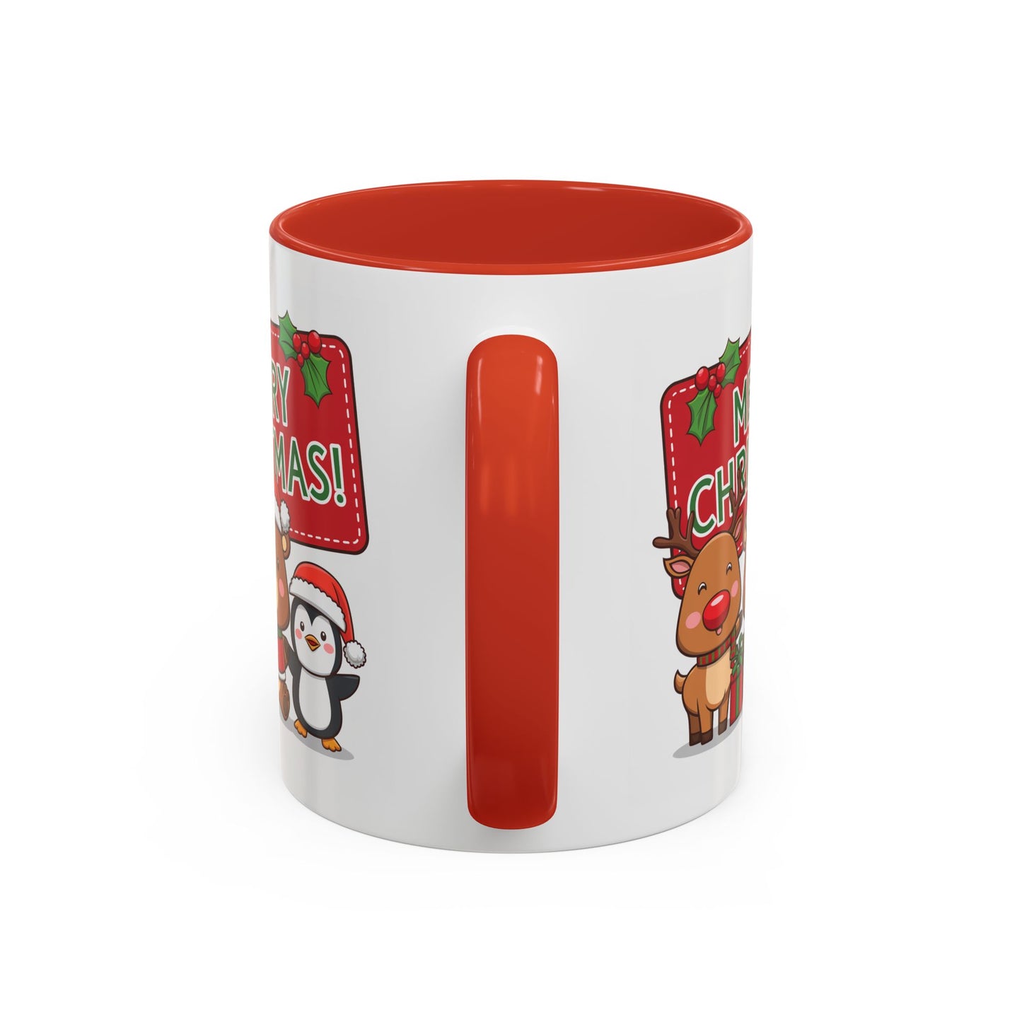 Christmas Mug - Green Text Red Banner Reindeer Bear Penguin