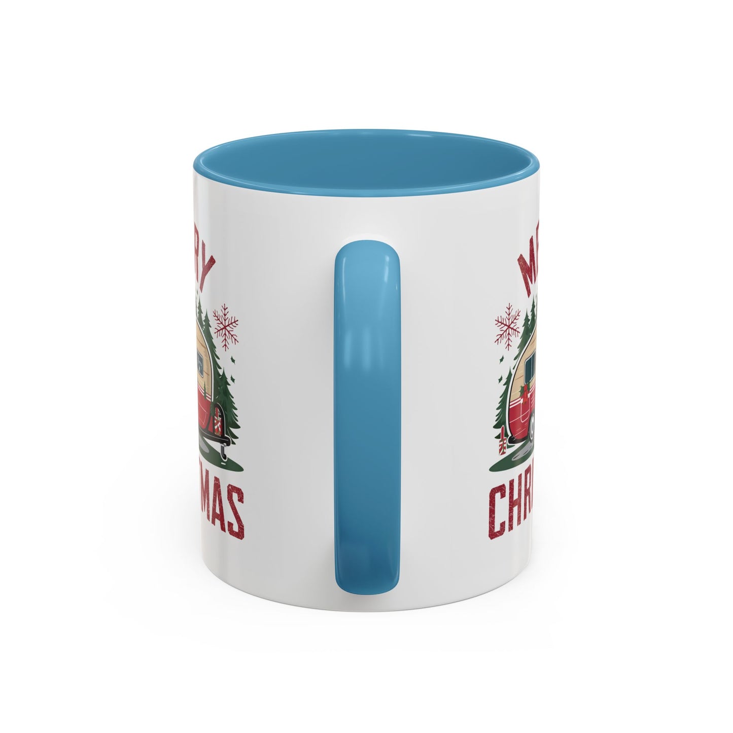 Christmas Mug - Merry Christmas Maroon Text Camper Trees Snowflakes