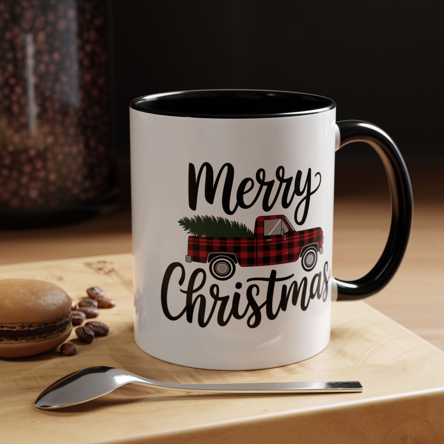 Christmas Mug - Merry Christmas Black Text Tartan Truck