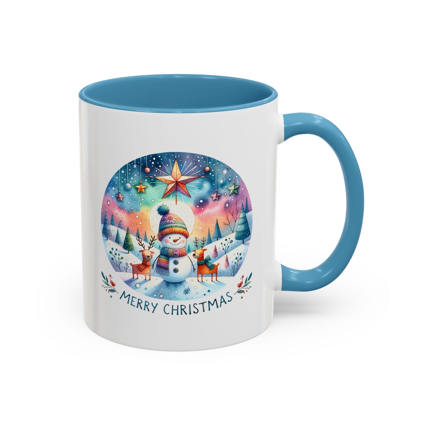 Christmas Mug - Merry Christmas Blue Text Snowman Star Reindeer