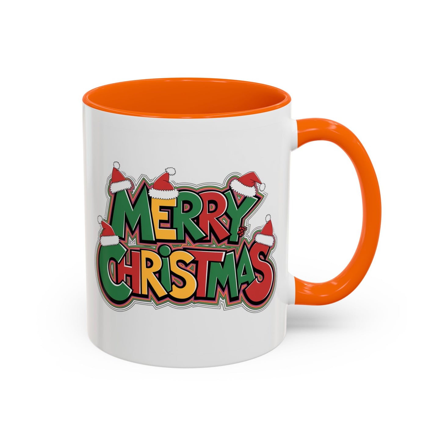 Christmas Mug - Merry Christmas Green Yellow & Red Text Hats