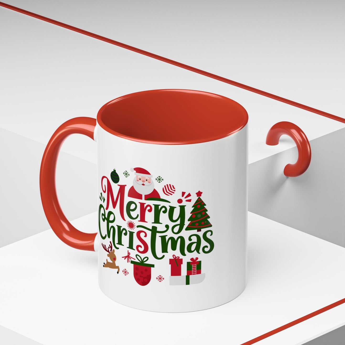 Christmas Mug - Merry Christmas Red & Green Text Santa Reindeer Tree Sleigh Ornaments
