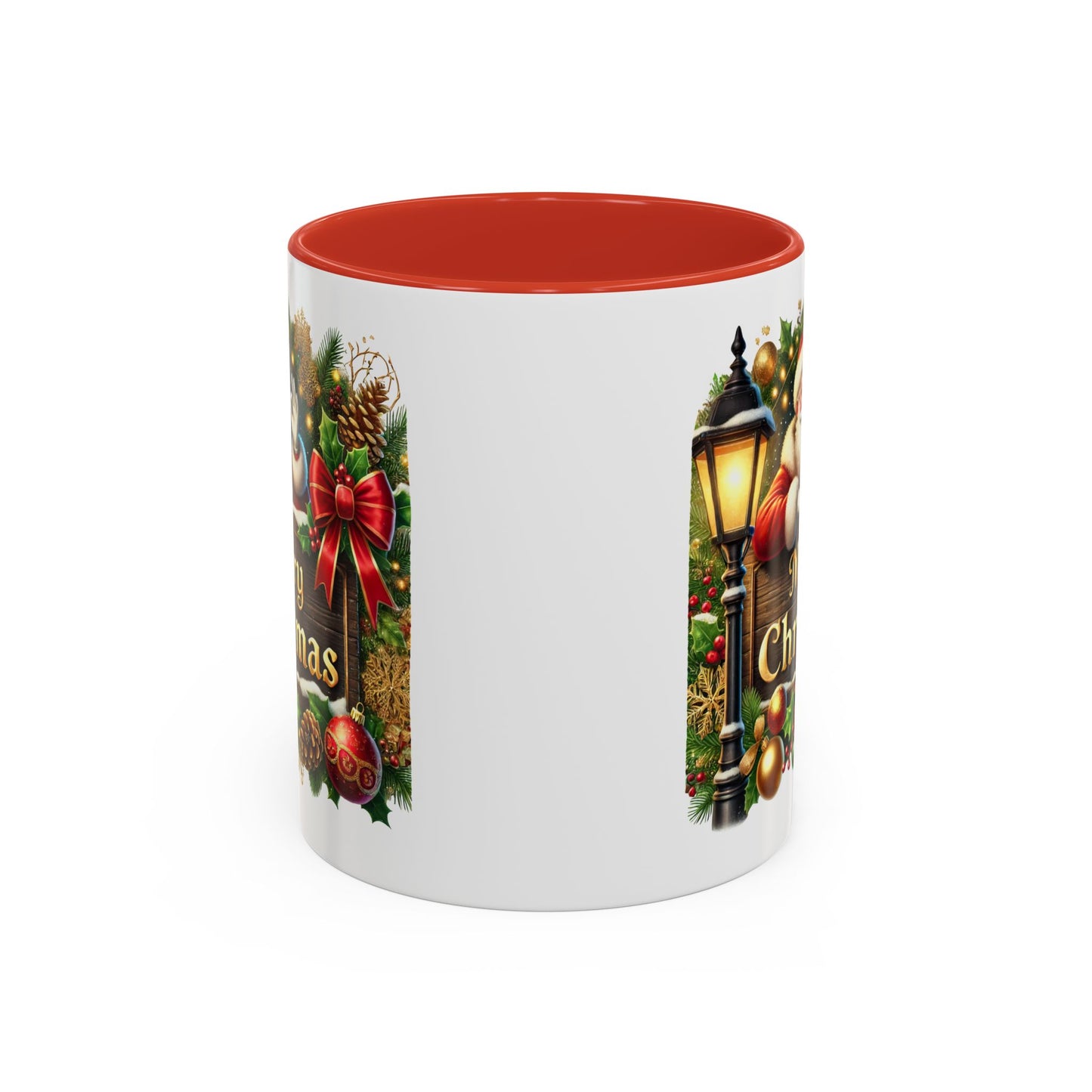 Christmas Mug - Merry Christmas Cream Text Santa Ok Light Bow Ornaments