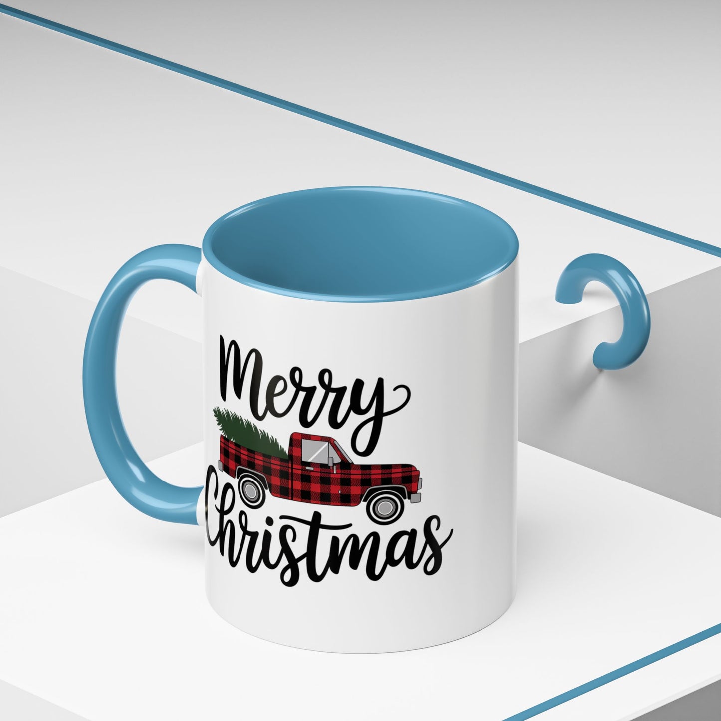 Christmas Mug - Merry Christmas Black Text Tartan Truck