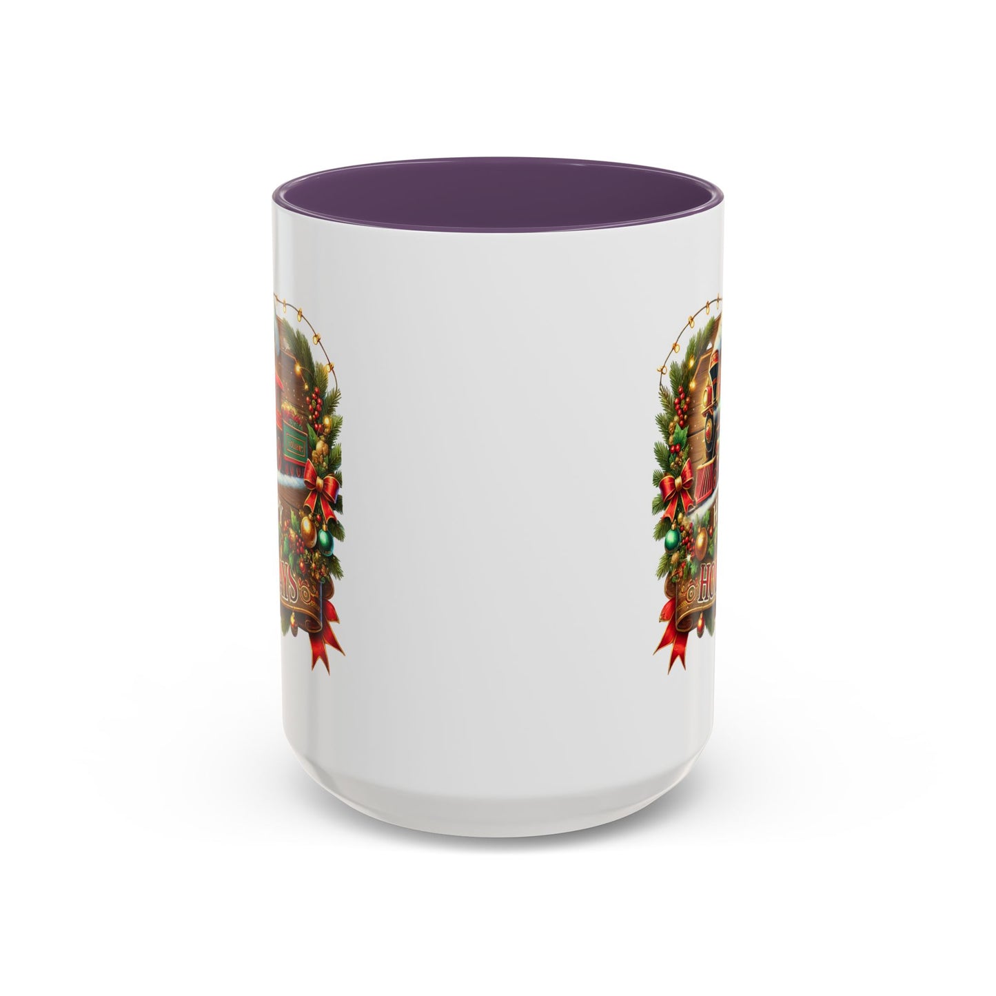 Christmas Mug - Happy Holidays White & Red Text Steam Locomotive