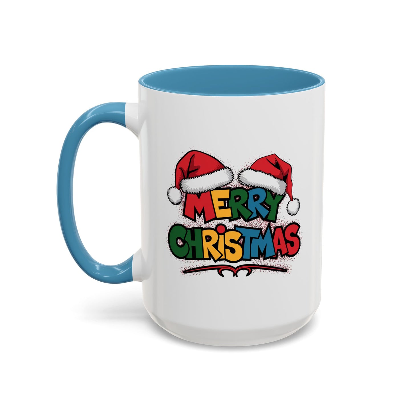Christmas Mug - Merry Christmas Red Yellow & Blue Text Red Hats